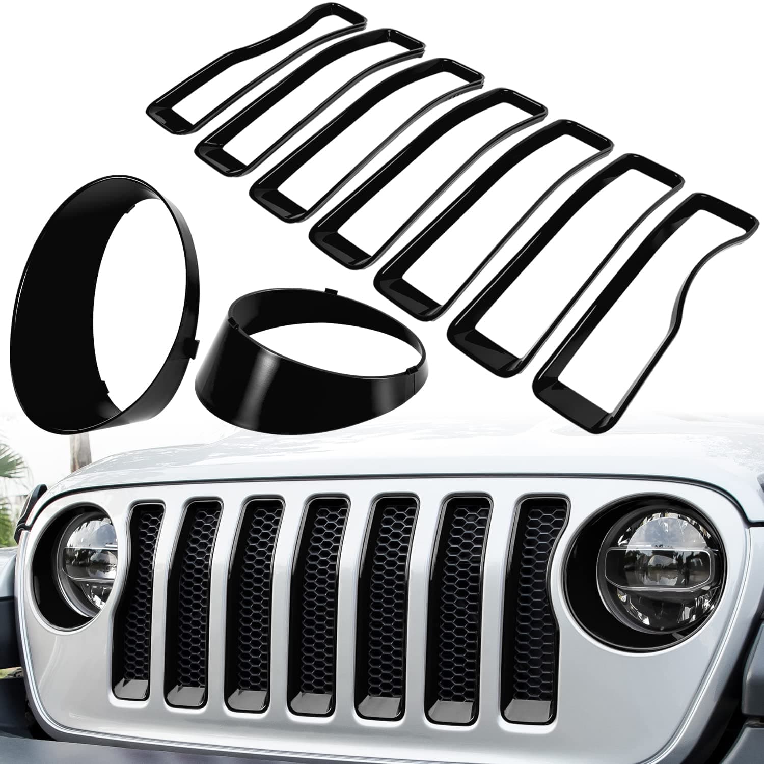 Front Grille Mesh Inserts & Headlight Cover for Jeep Wrangler JL JLU Sport & Sport S Only 2018-2023 Exterior Accessories Clip-in Grille Guard Cover Headlight Bezels Trim Ring (Black 9PCS)