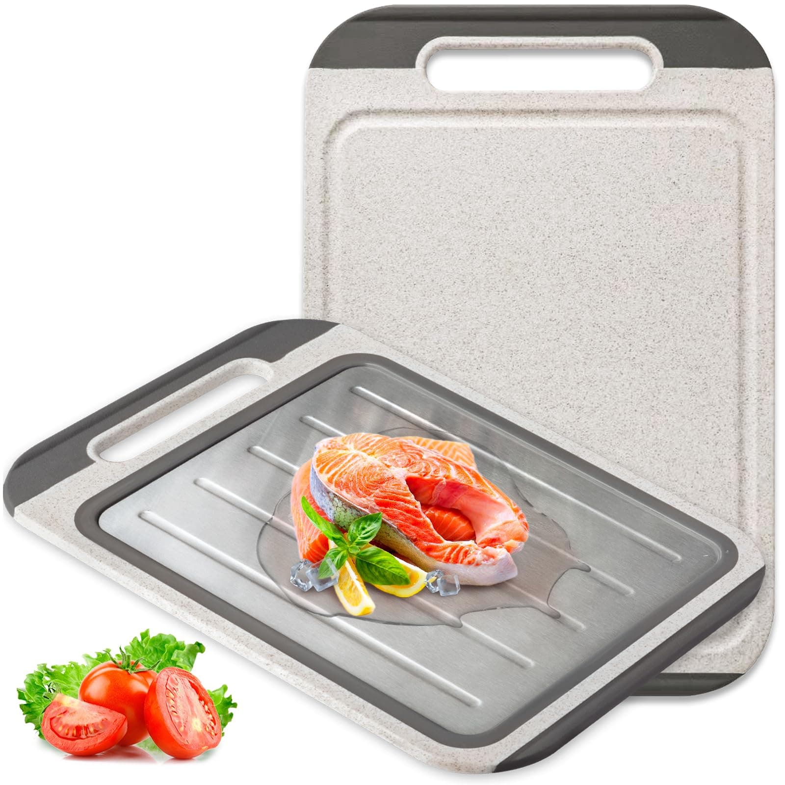 304 Stainless Steel Cutting Board, Cutting Board Double Sided for Kitchen, Wheat Straw PP, Meat Cutting with Diversion Groove & Grater, Anti-Slip, Easy to Clean (9.8" x 14.5")