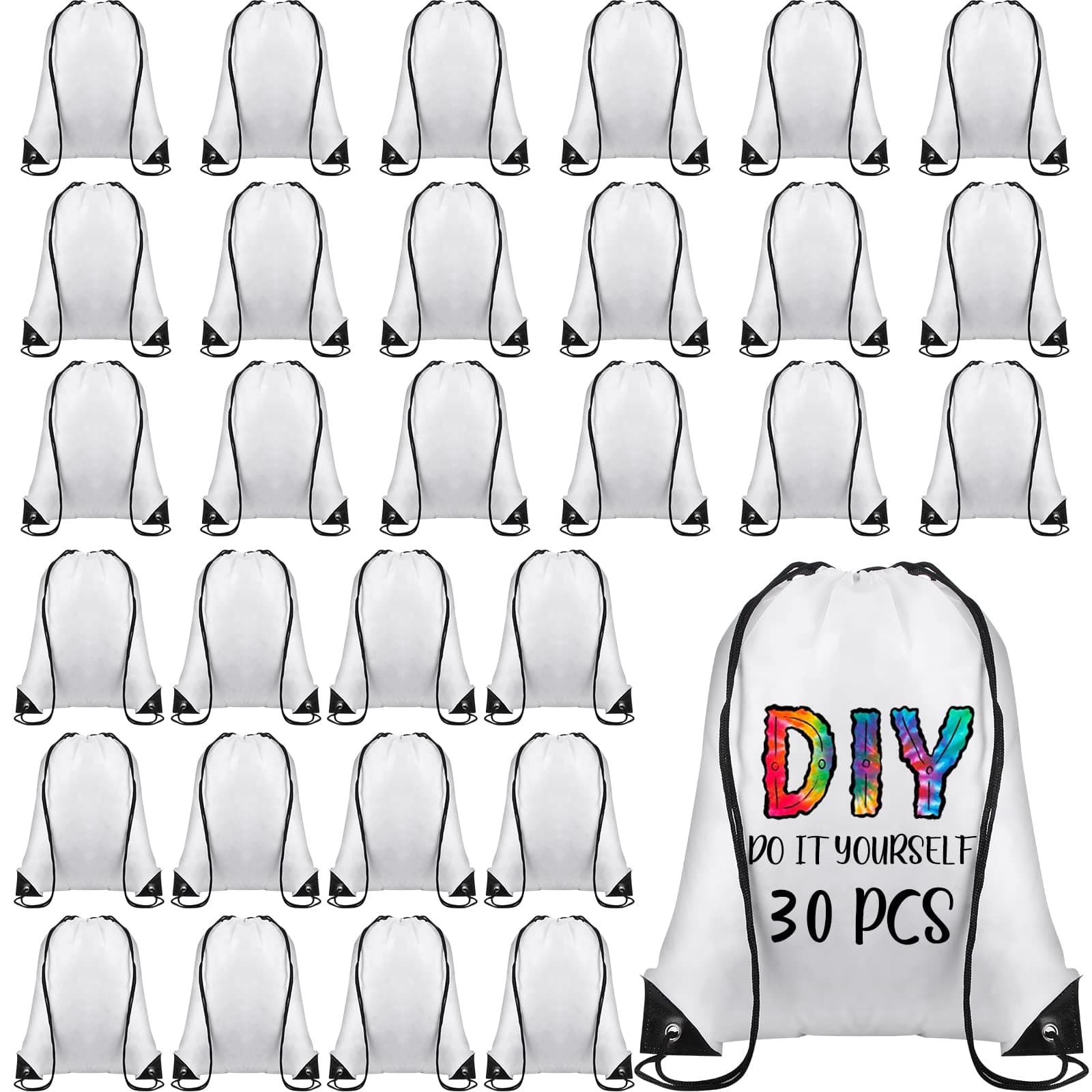 Sieral 30 Pcs Blank Sublimation Drawstring Bags Drawstring Backpack Bulk Heat Press Reusable Polyester Sublimation Bags Cinch Sackpack for Gym Sport DIY Craft, White