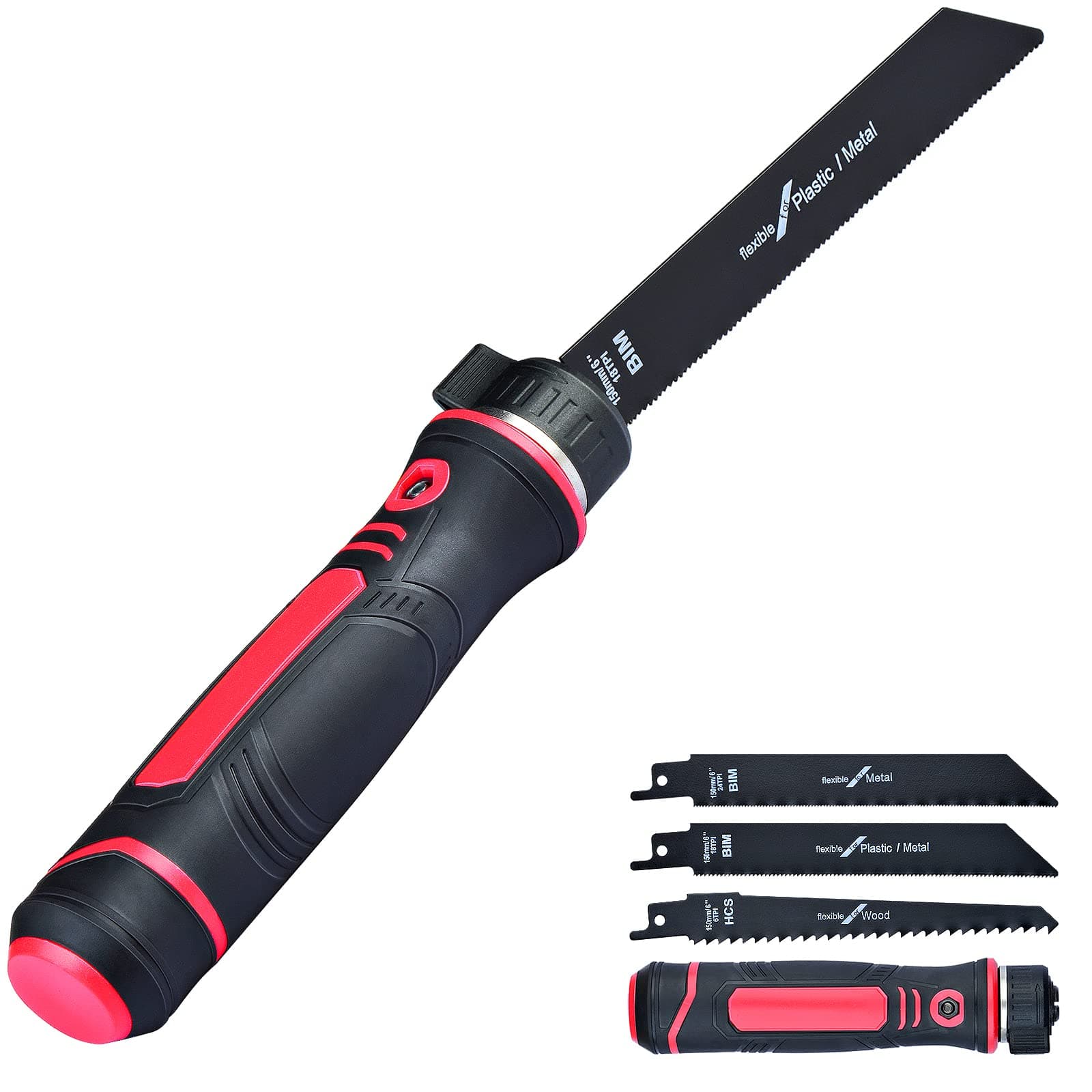 GS Tools 3 In 1 Adjustable Blade Hand Saw, 6-Inch Jab Saw Including Bi-Metal and Wood Blades, Manual Operation Perfect for Cutting Metal, Drywall, Plywood and Plastic, Soft-Grip Handle for Him and Her