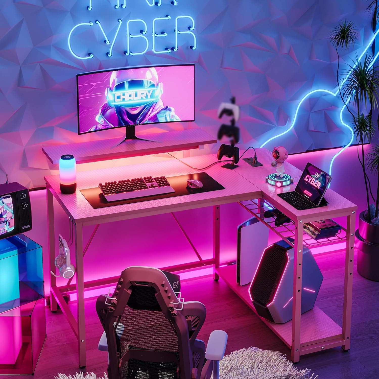 Pink Computer Desk with Power Outlets,42 LED Small Gaming Corner Desk with Reversible Storage Shelves,L Shaped Desk with Headset Hooks Studying and Workstation Desk for Office and Bedroom