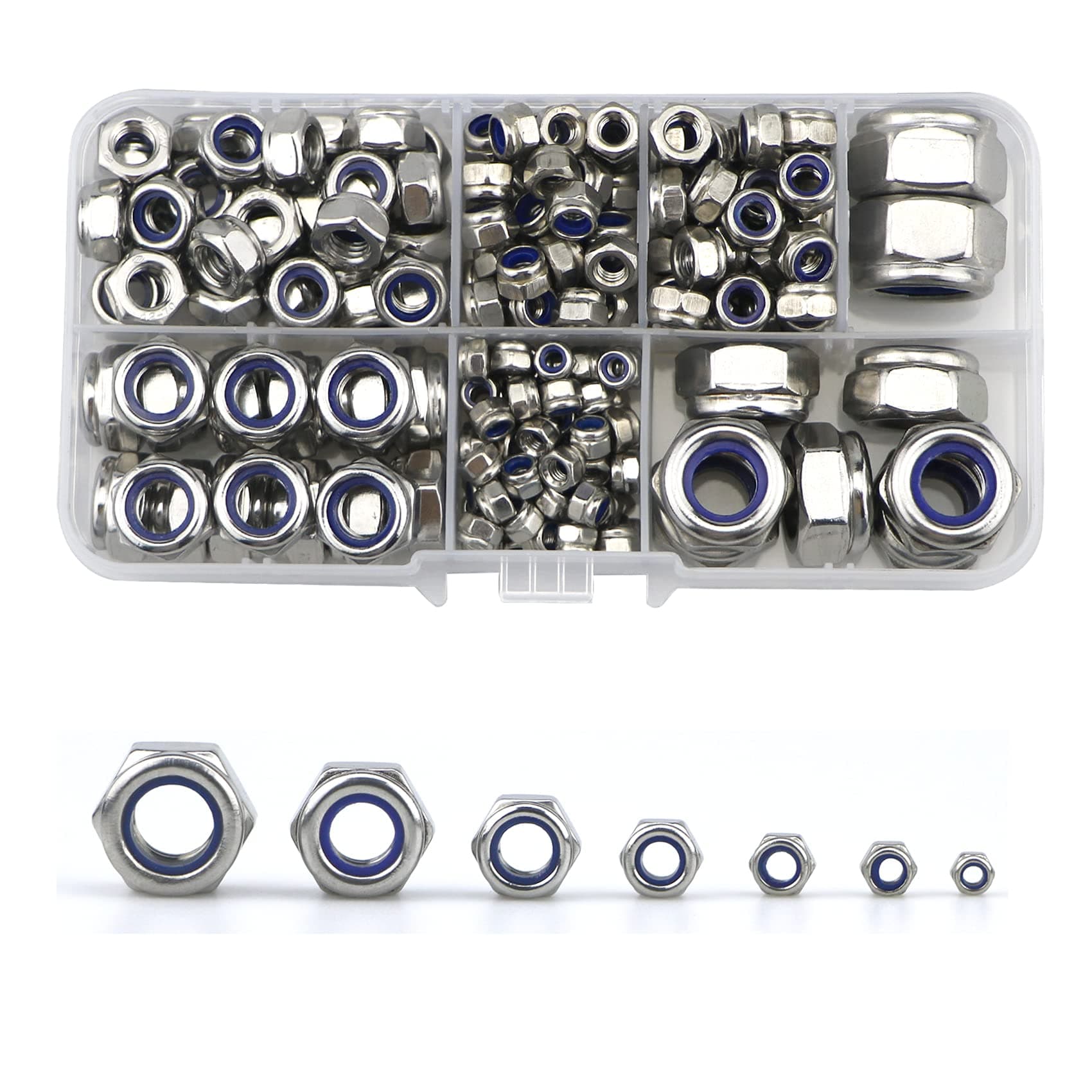 212 Pcs Lock Nuts Set, Nylon Insert 304 Stainless Steel Hexagonal Locking Nuts Assorted Kit (M3 M4 M5 M6 M8 M10 M12)