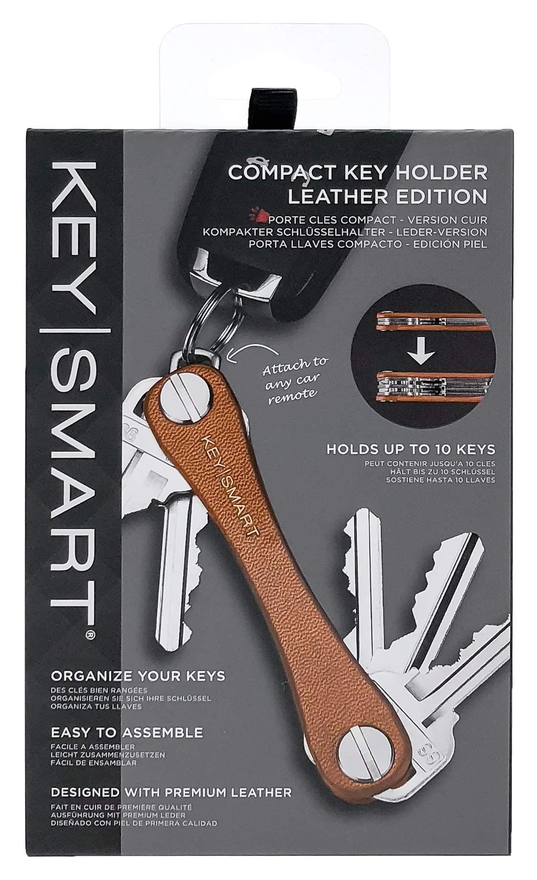 KeySmart Original Key Holder - Compact Key Organizer for Key Chain, Minimalist Clutter-Free EDC Keychains Key Ring, Brown Leather, 8 Keys