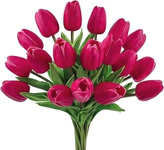 Beferr 18pcs Tulips Artificial Flowers Faux Tulip Real Touch Fake Flowers Bouquets Arrangements for Mothers Day Easter Spring Flowers Gifts Home Table Decor Rose Red