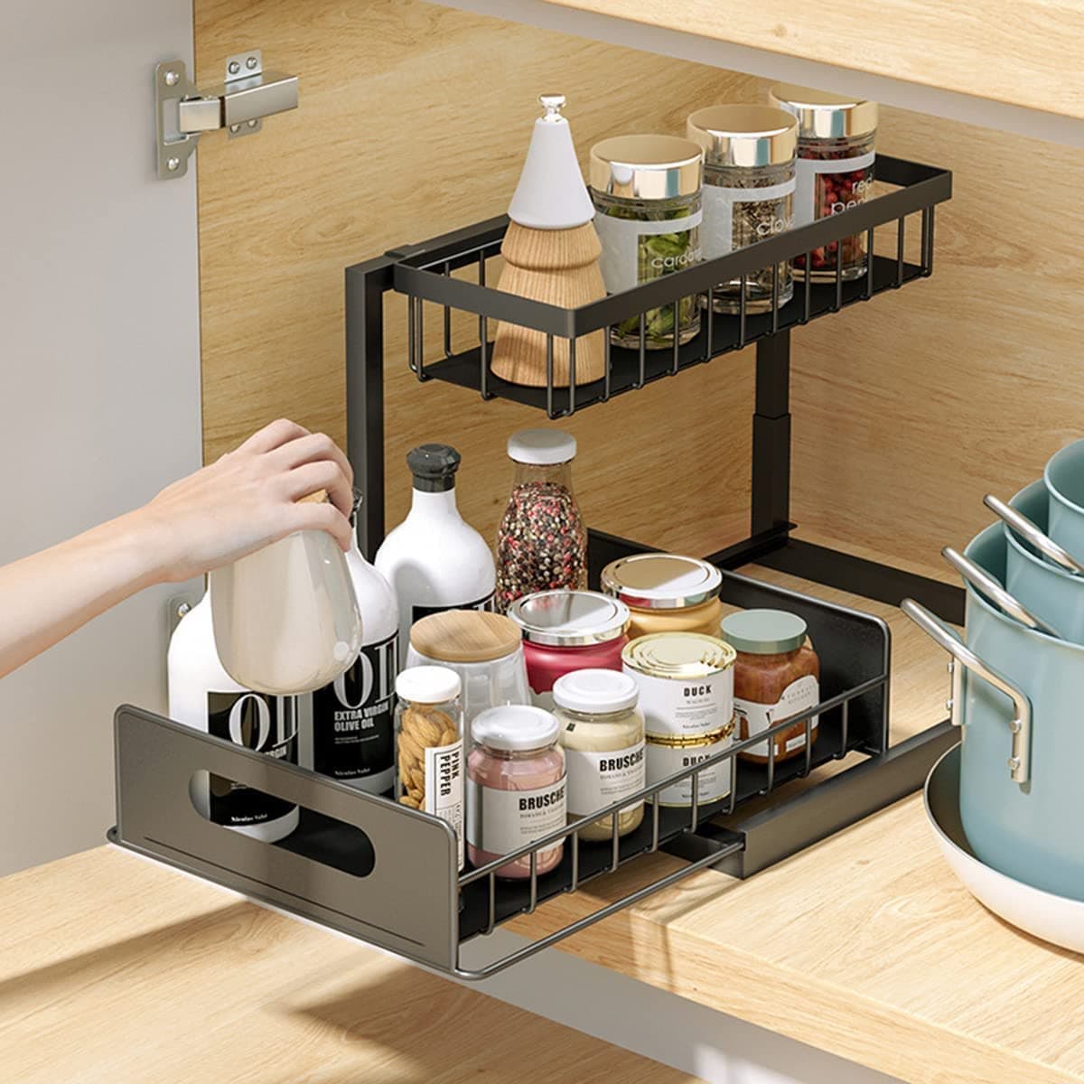Under Sink Organizerand Storage, Pull Out Cabinet Organizer, 2-Tier Slide Out Sliding Shelf Under Cabinet Storage, Enhanced structural design- Anti-corrosion- More space for storage