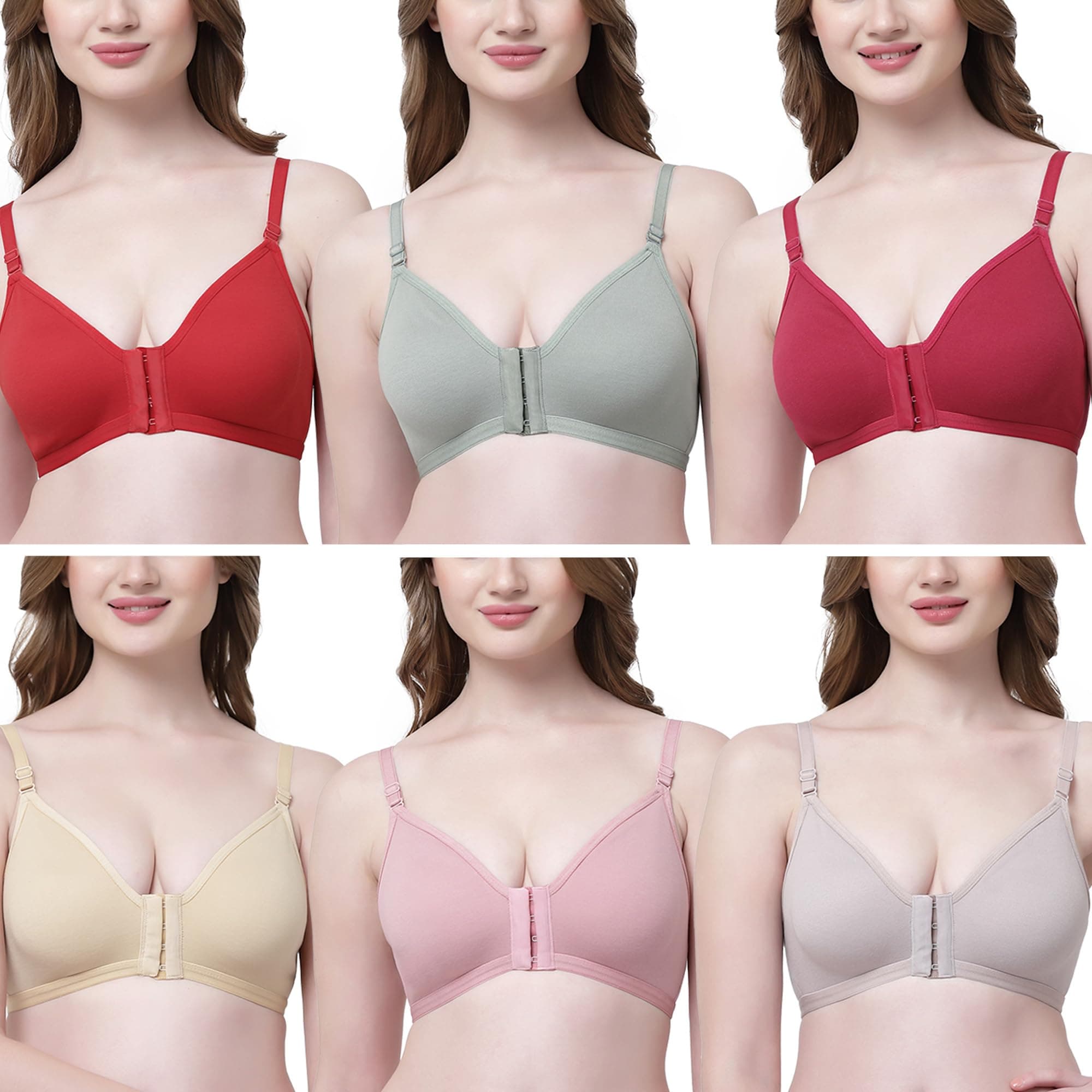 Women's Cotton Non Padded Non Wired Front Closure Bra (Pack of 6)(Assorted)