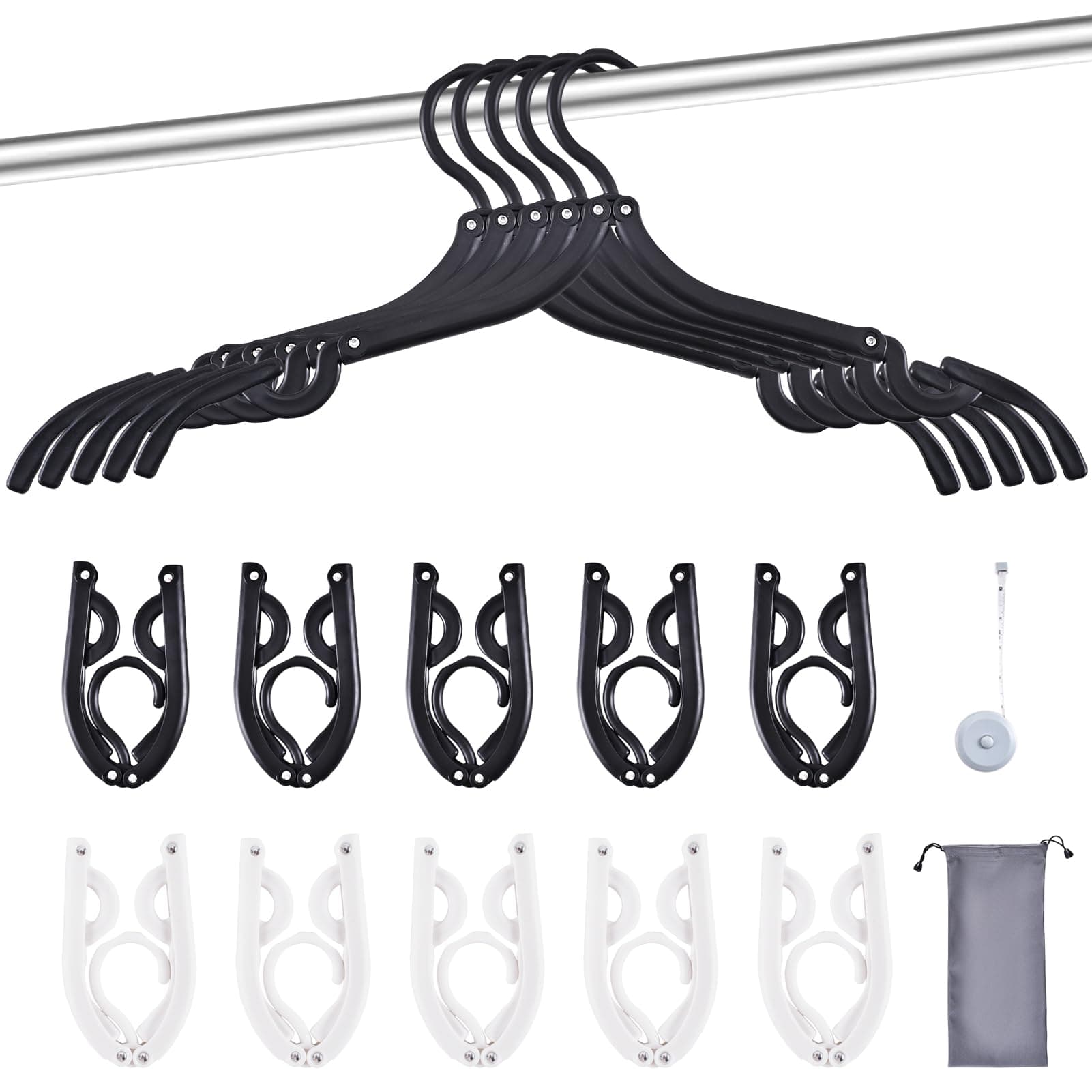 10-Pack Foldable Travel Hangers with Gift Box – Thickened ABS & Aluminum Rivets, Non-Slip Design for Delicate Clothes, Compact 5.5x3 Inch, Black/White
