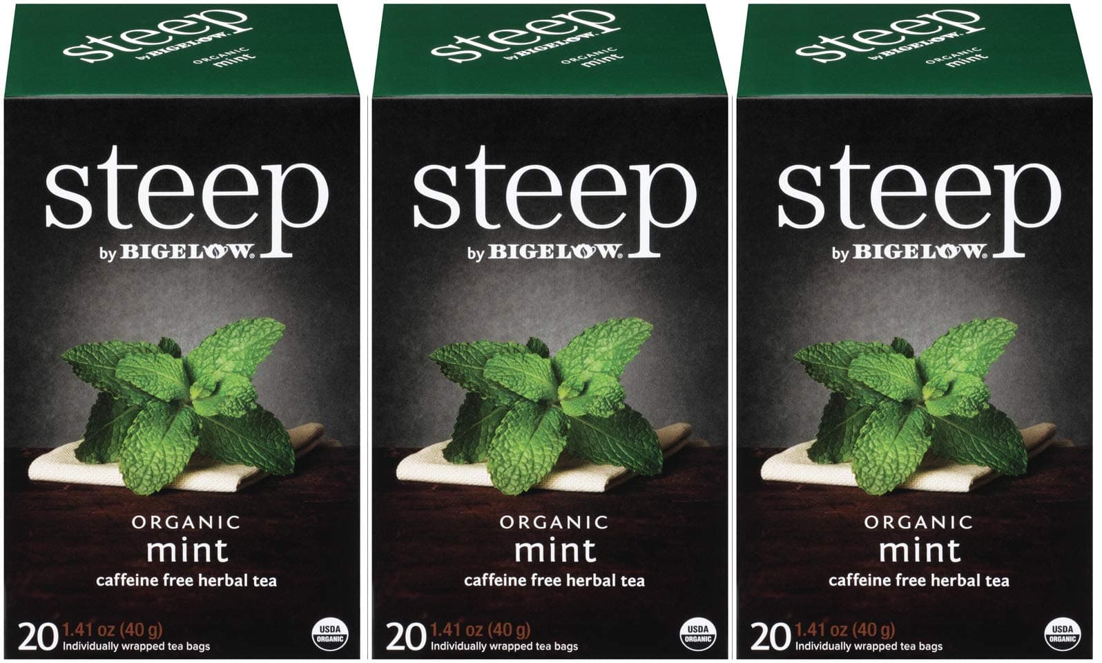 steep Organic Mint Caffeine Free Herbal 20 Count Box (Pack of 3), Certified Organic, Gluten-Free, Kosher Tea in Foil-Wrapped Bags