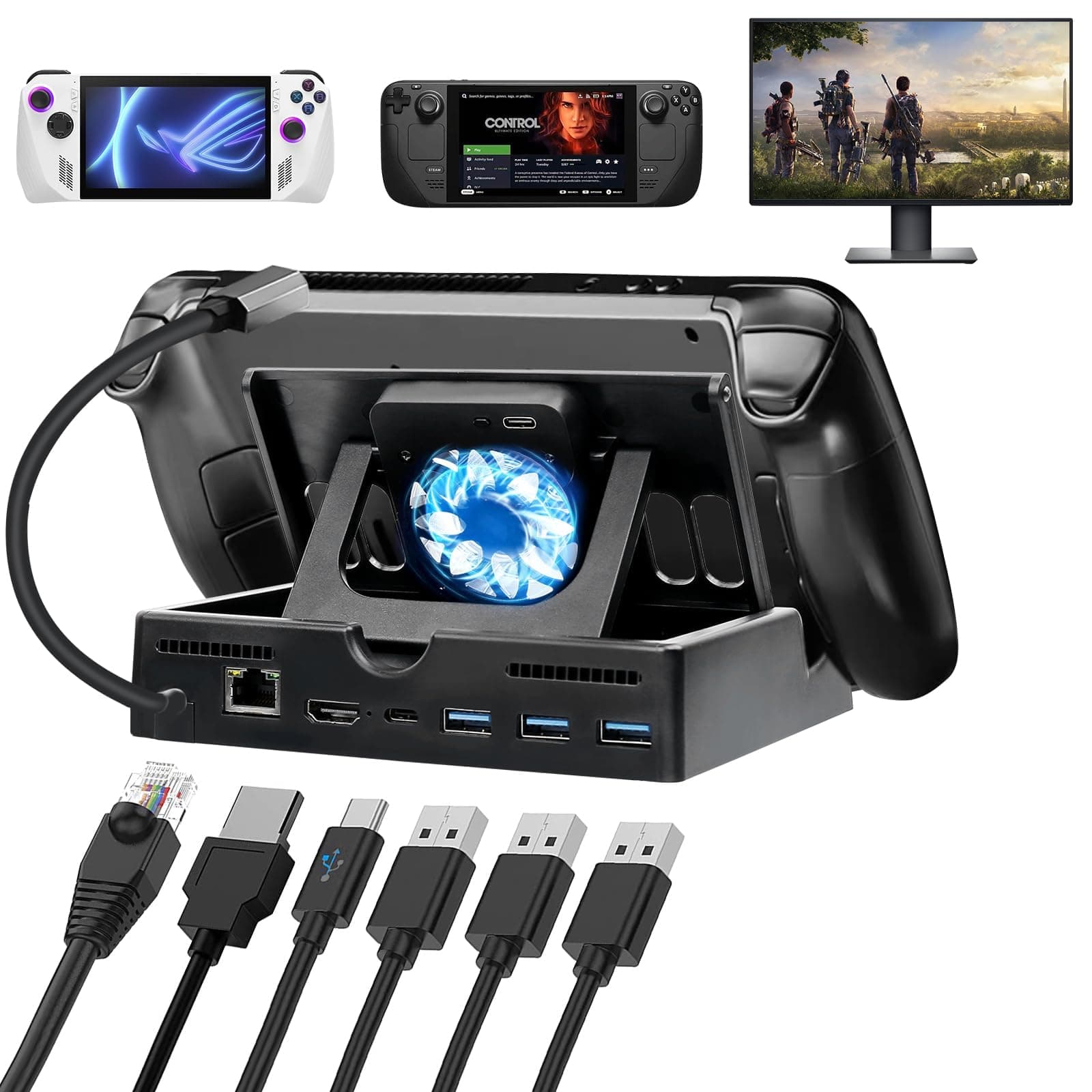 KASTWAVESteam Deck Dock, 6-in-1 USB C Docking Station for Steam Deck with HDMI 2.0 4K@60Hz, 60W PD Port, 3*USB 3.0, with Silent Cooling Fan, for Steam Deck and ROG Alloy Dock