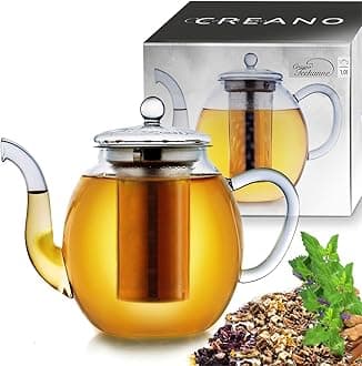 CreanoGlass Teapot 1000ml - Stovetop Safe Tea Kettle with Stainless Steel Infuser and Glass Lid - Ideal for Preparing Loose Teas - Drip Free