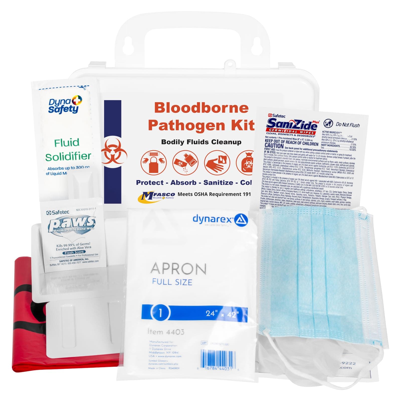 MFASCO Bodily Fluid Clean Up Kit - Wall-Mountable or Portable - OSHA Blood Borne Pathogens - Disposable Protection Gear - Bleach-Free Solidifier - Easy Cleanup - Refillable - 9 Pcs