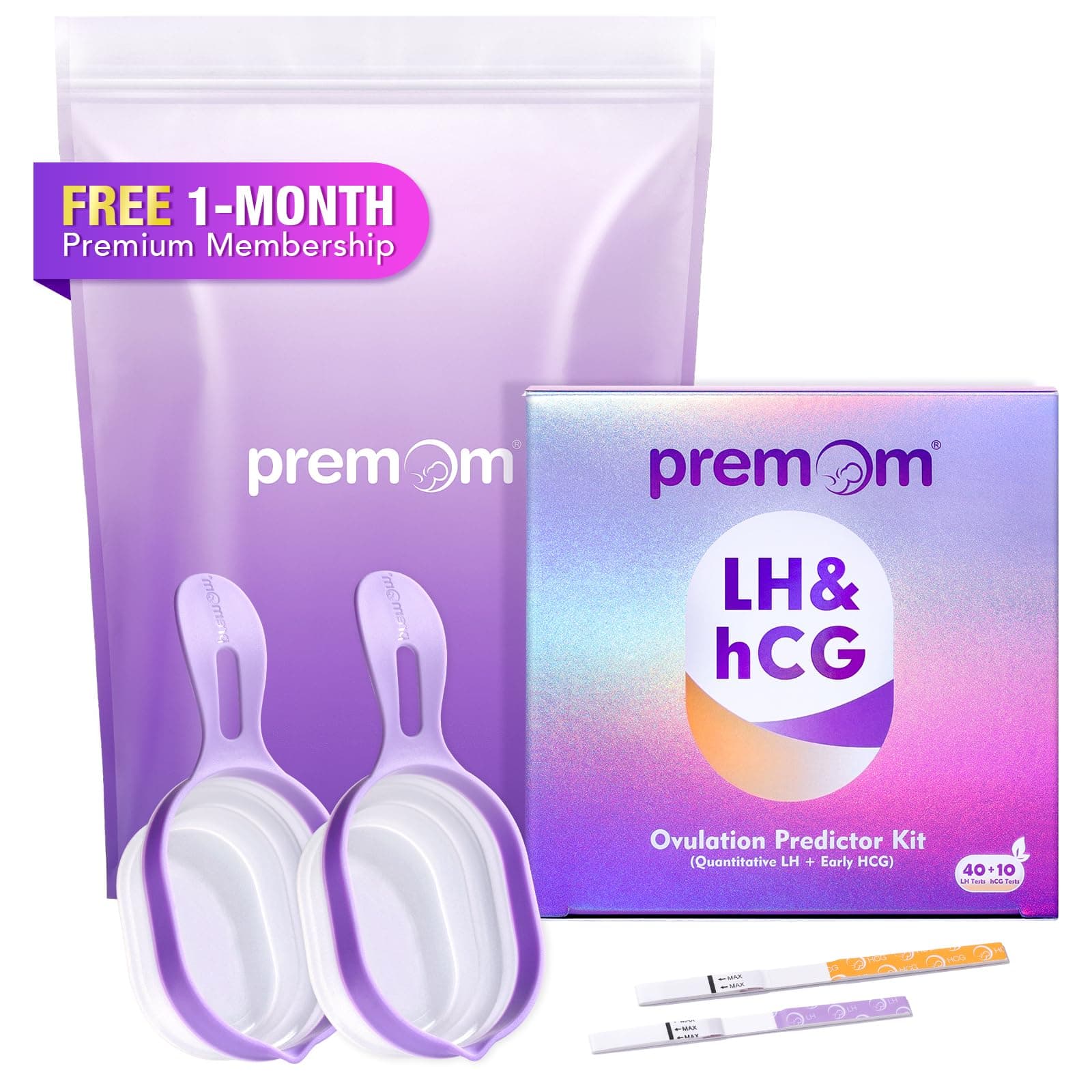 Premom Quantitative Ovulation & Pregnancy Test Kit: 40 LH Strips + 10 HCG Strips + 2 Reusable Urine Cups | at-Home Fertility Test for Women | Smart Digital Ovulation Reader App