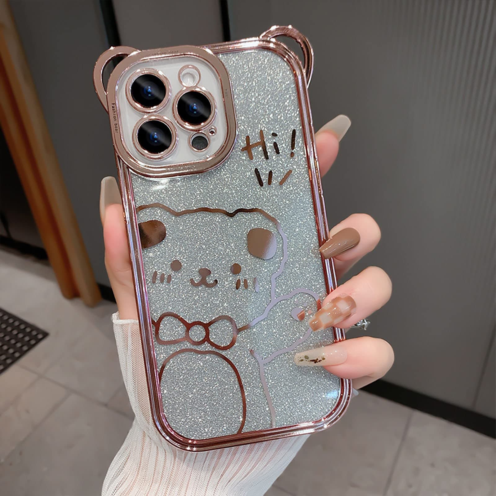 Losin Compatible with iPhone 14 Pro Max Case Cute Cartoon Bear Phone 3D Kawaii Design Fashion Glitter Soft Slim TPU Cover Camera Lens Protective for Women and Girls, Pink (CW1497-i14PM-2)