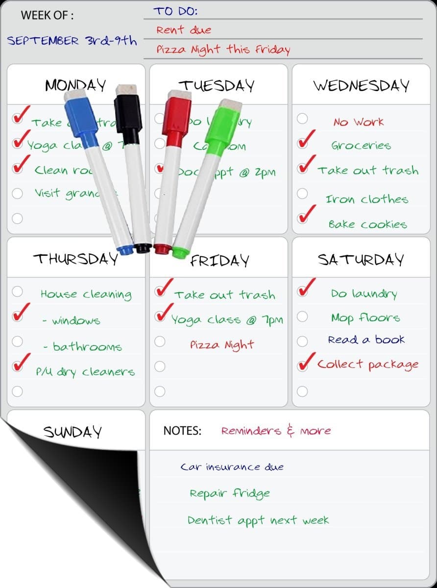 Smart organizer & Weekly Planner White Board Organizer for your Refrigerator or Office 15" x 11.75" Inches ● with 4 Magnetic Color Dry Erase Markers! & Cloth Eraser
