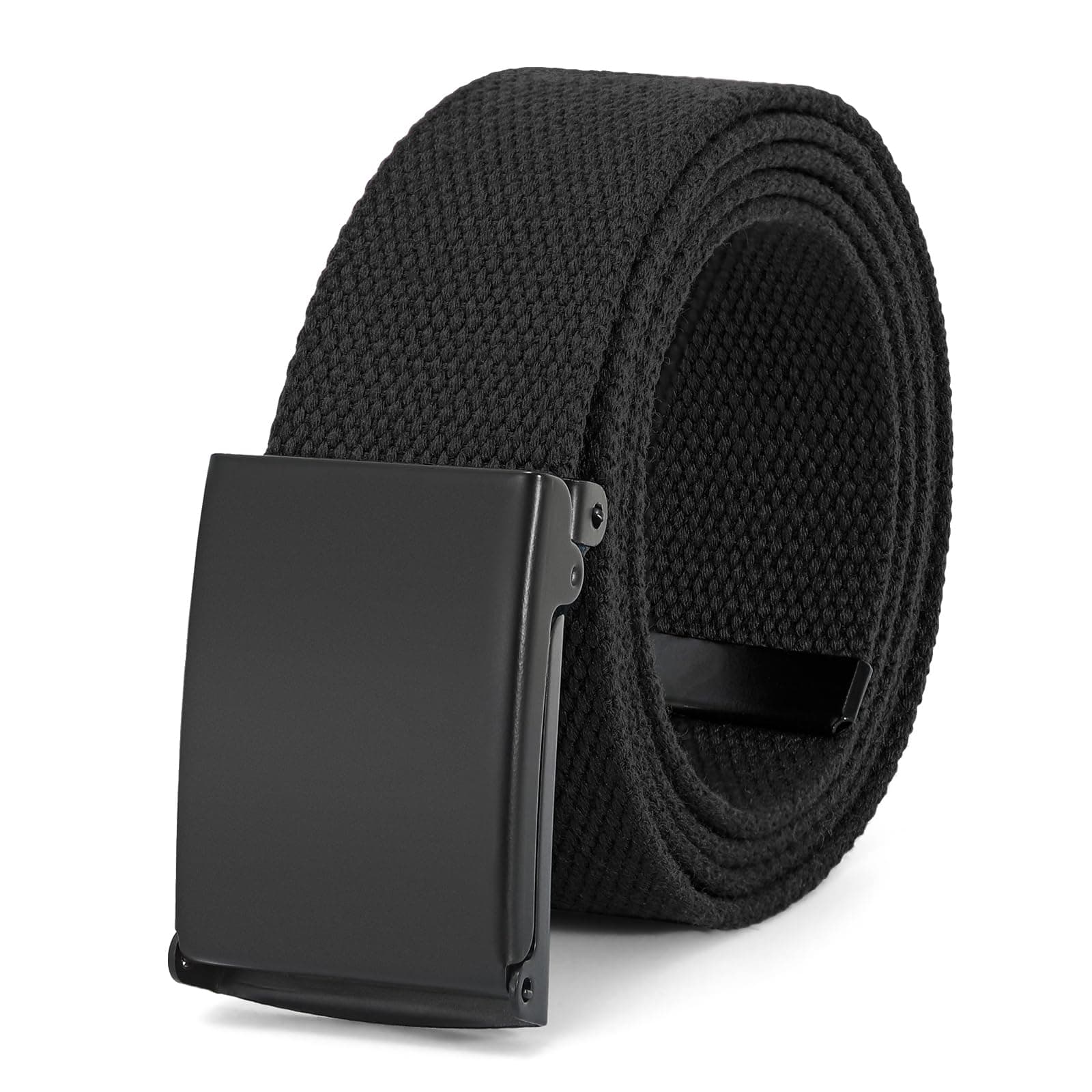 Canvas Web Belt Flip-Top Solid Black Military Buckle Fully Adjustable Mens Webbing Belts Cut To Fit
