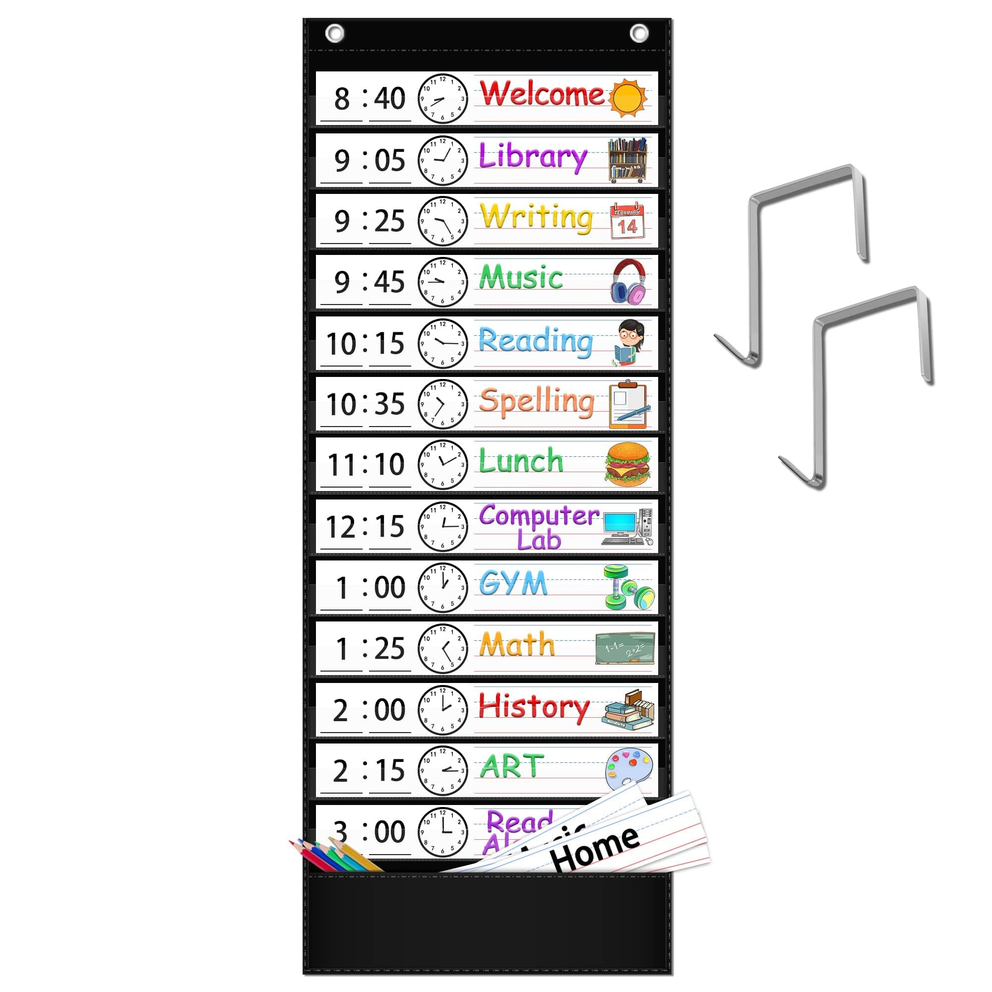 Daily Schedule Pocket Chart — 13+1 Pocket Visual Schedule for Kids, Includes 18 Double-Sided Blank Reusable Dry-Erase Cards, Daily Planner with Hourly Schedule for Classroom, Office, Home, School Activities (Black)