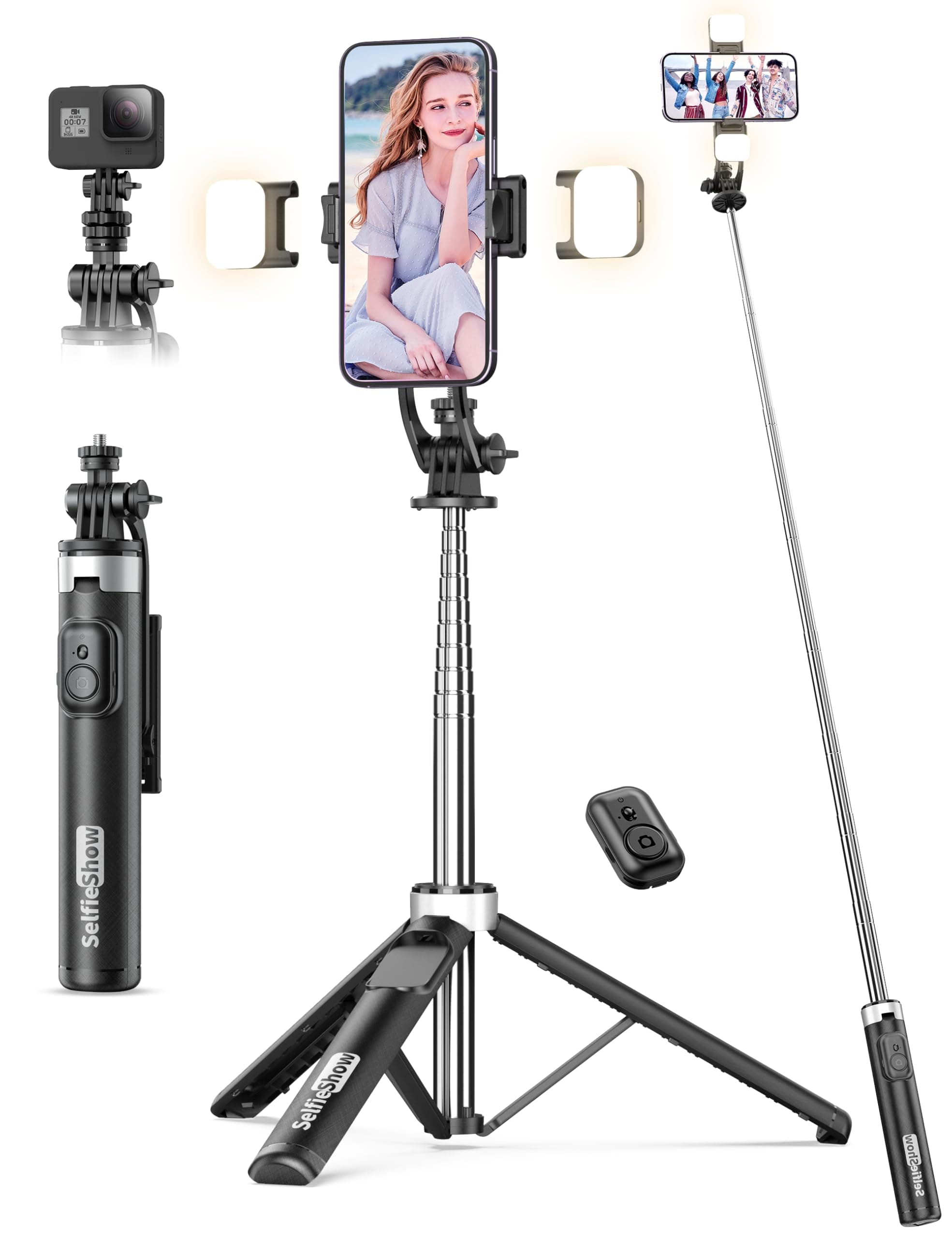 53'' Selfie Stick Tripod with Light, Extendable Selfie Stick with Remote, Portable Cell Phone Tripod Stand with All in 1 Phone Clip, Lightweight Camera Tripod Compatible with iPhone 15 14 13, Android