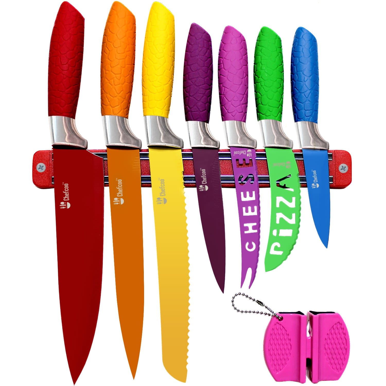Chefcoo Kitchen Knife Set Plus Magnetic Strip and Sharpener One Cutlery Knives-Best Color Cooking Gadgets-Includes Cheese, Pizza, Paring, 14.5 x 10.9 x 1.5 inches Red, Yellow, Blue, Green, Pink