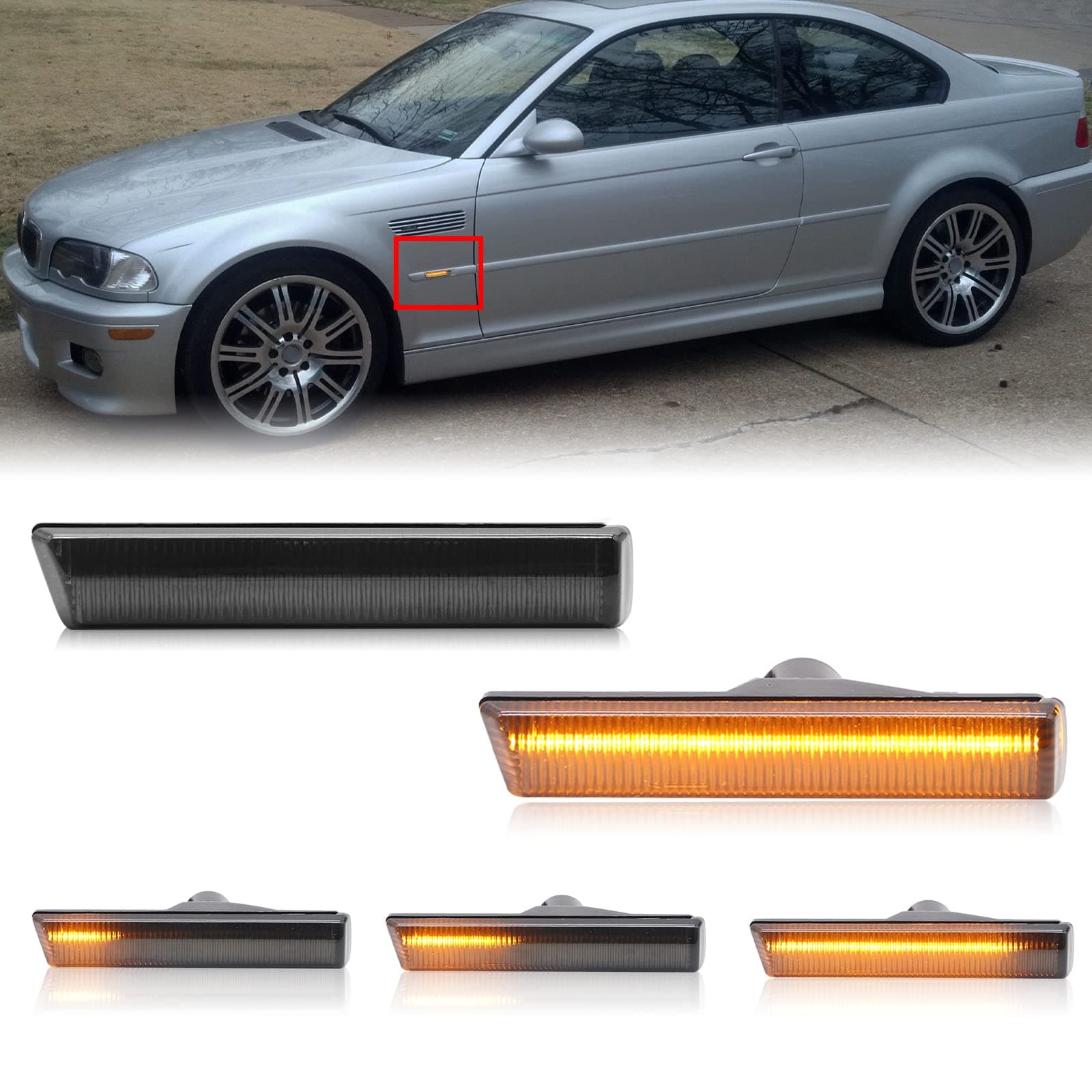 Sequential LED Turn Signal Lights Replacement for 7 Series E38 1995-2001, 3 Series E46 M3 2001-2006, Smoked Lens Front Amber Dynamic Fender Indicator Side Marker Lamp, Replace OE 63137165845