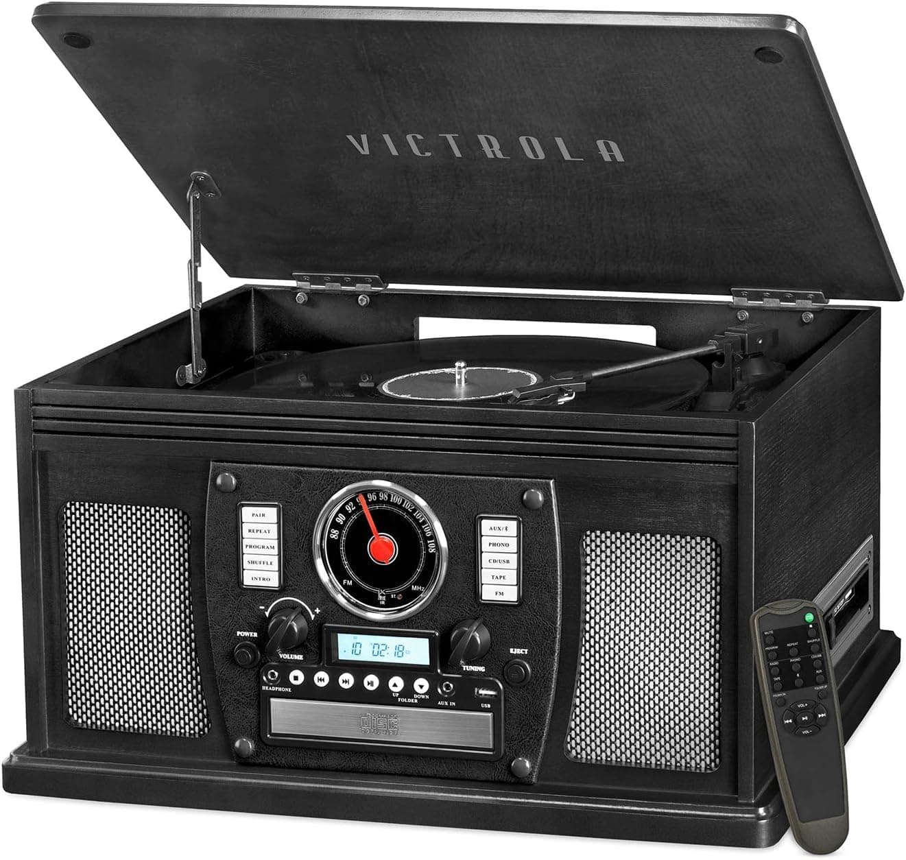 Navigator 8-in-1 Bluetooth Record Player with Built-in Speakers – 3 Speed Turntable, CD Player, Cassette, FM Radio, USB, RCA Out, Headphone Jack, Wireless Music Streaming, Real Wood (Black)