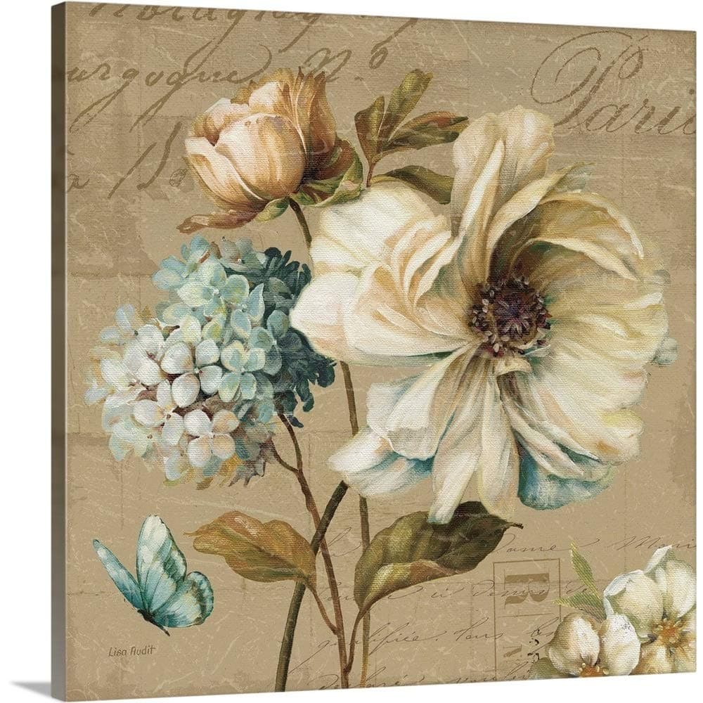 CANVAS ON DEMAND Marche De Fleurs Blue II Canvas Wall Art Print by Lisa Audit, Traditional, Home Decor, Animal, Butterfly Floral Artwork, 20" x20in