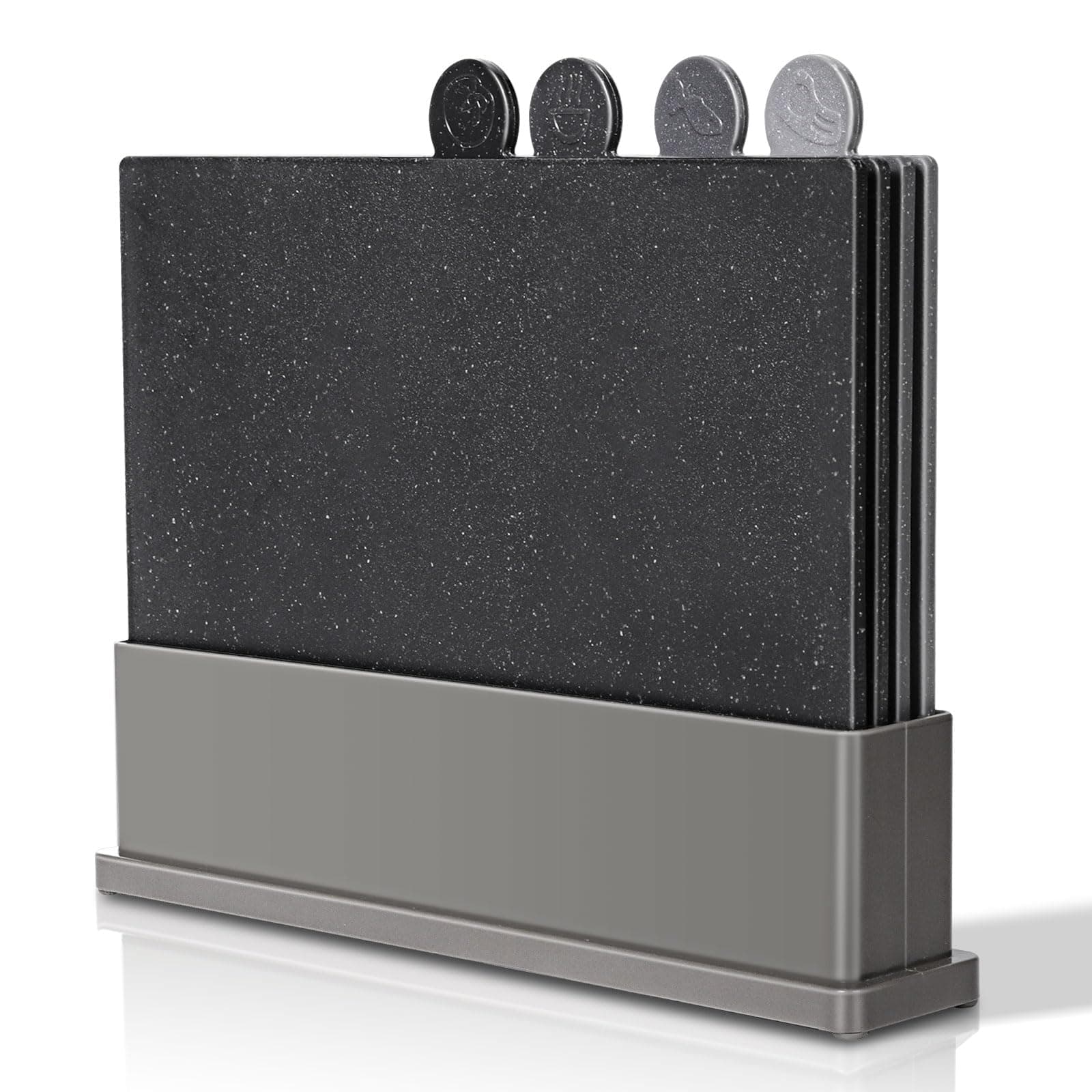 MASTERTOP Index Chopping Board Set, 4pcs Plastic Chopping Boards with Storage Stand, Non Slip Color Coded Cutting Boards for Kitchen Meat Fish Vegetables and Bread, Dishwasher Safe