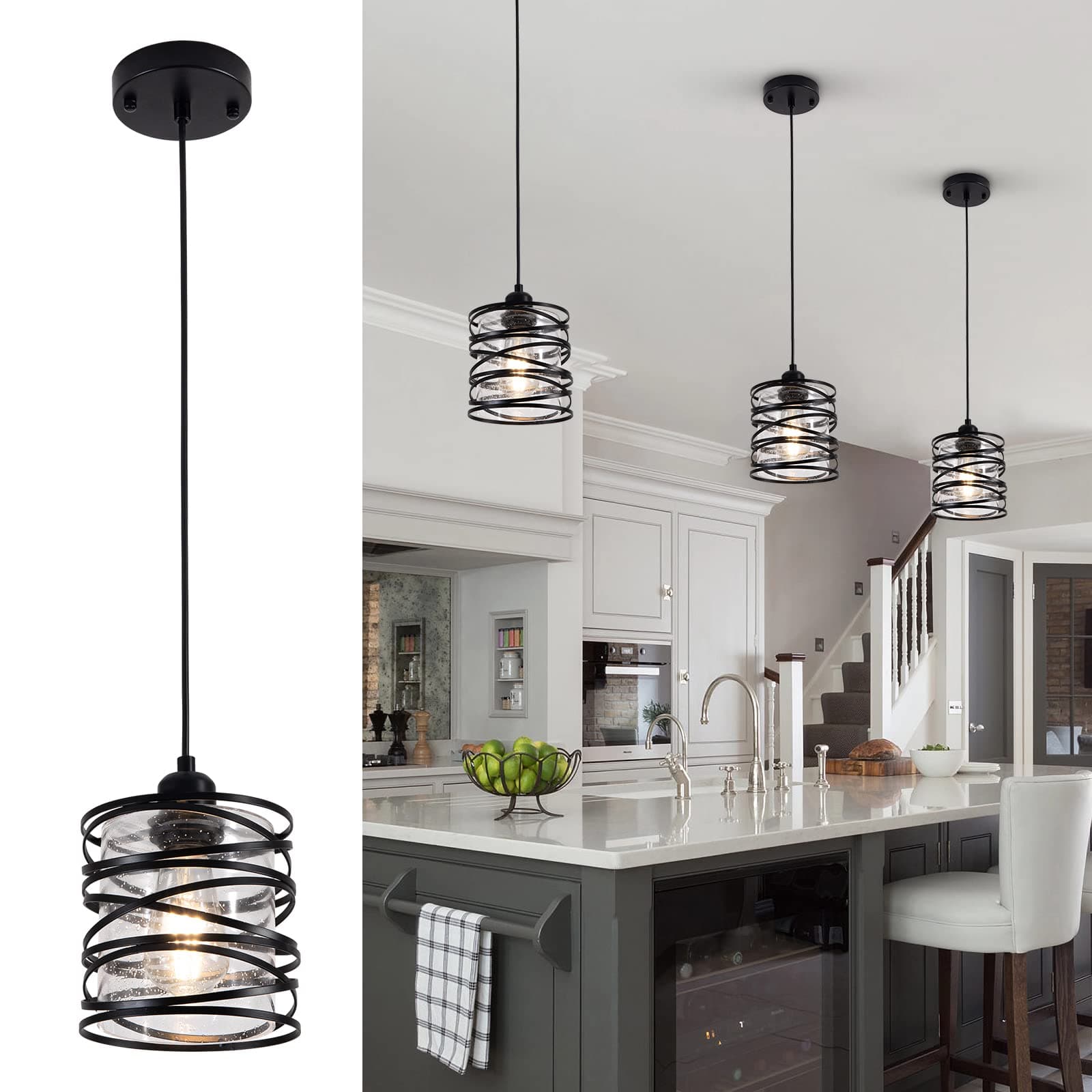 Black Mini Pendant Light Over Sink 1-Pack Modern Pendant Lighting Matte Black Spiral Cage Hand-Made Clear Seeded Glass Shade for Kitchen Island Dining Room Bedroom Foyer Hallway Bar