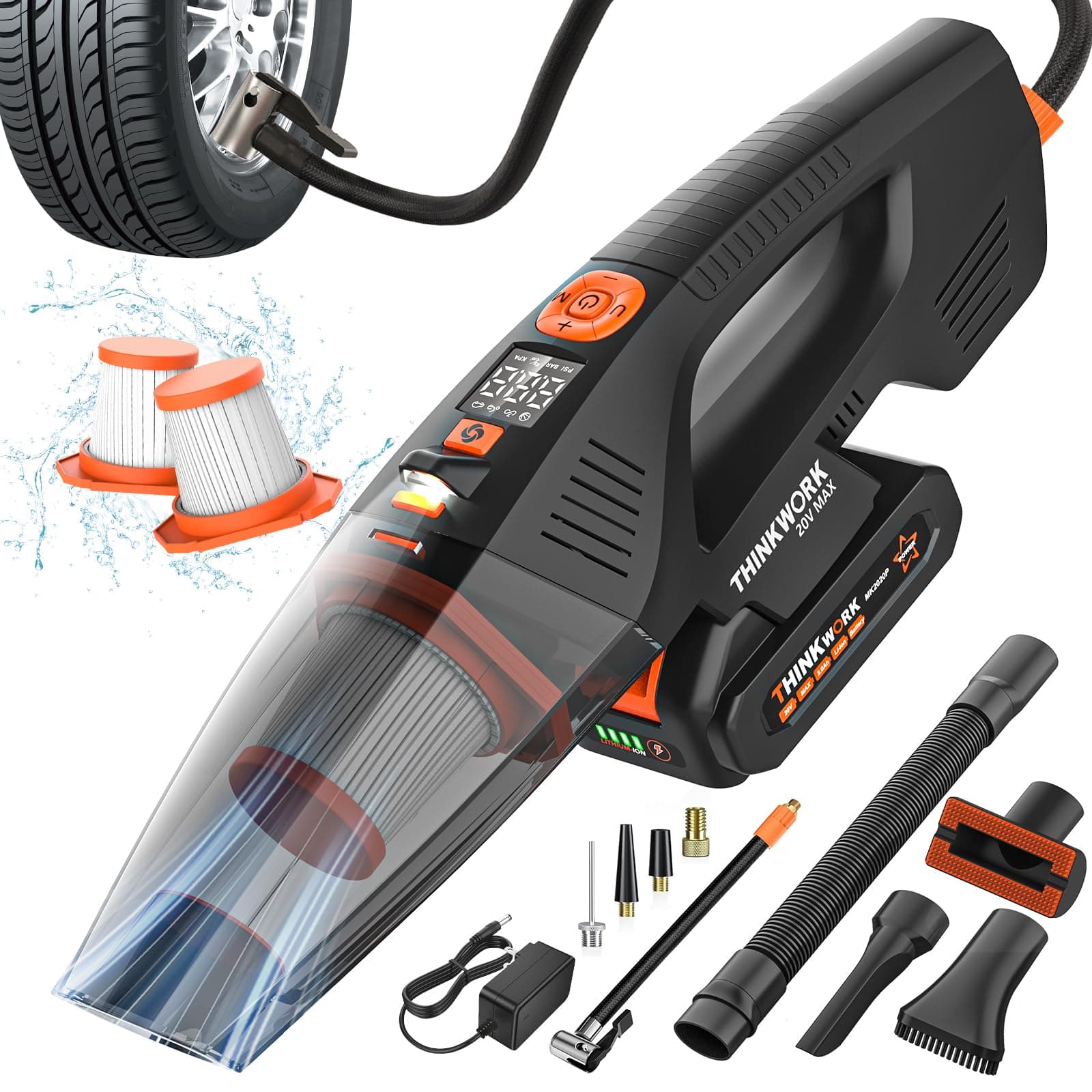 THINKWORK 20V Car Vacuum & Air Inflator, Dual Function High Power Handheld Cordless Vacuum with 18000pa Suction Power for Car Cleaning, Household Dust Removal, Inflation