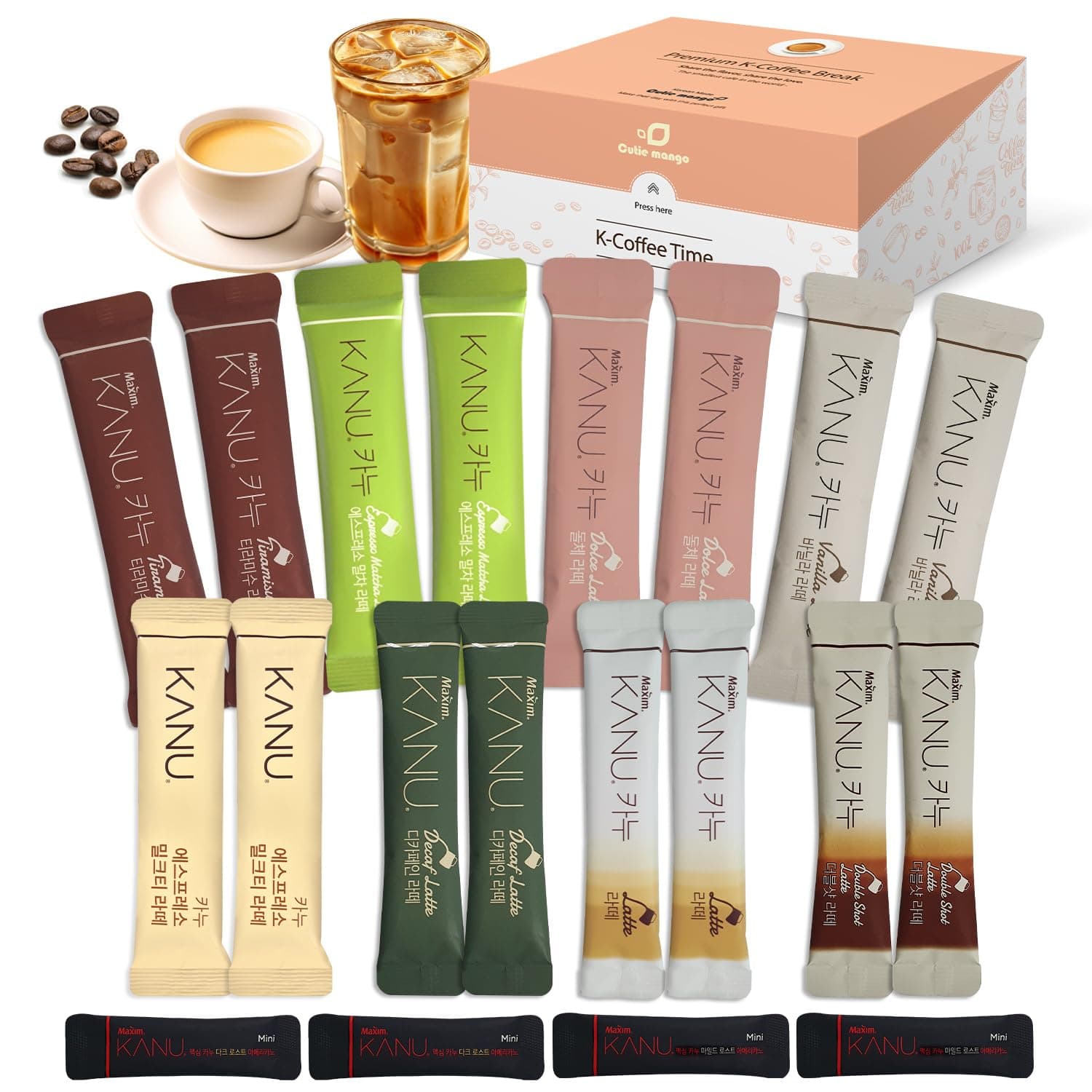 CUTIE MANGO Maxim KANU Premium Korean Instant Coffee Sampler Latte & Americano Assortment Café Style Camping Party Easy-to-Mix Single Serve Packets 20 Variety Pack