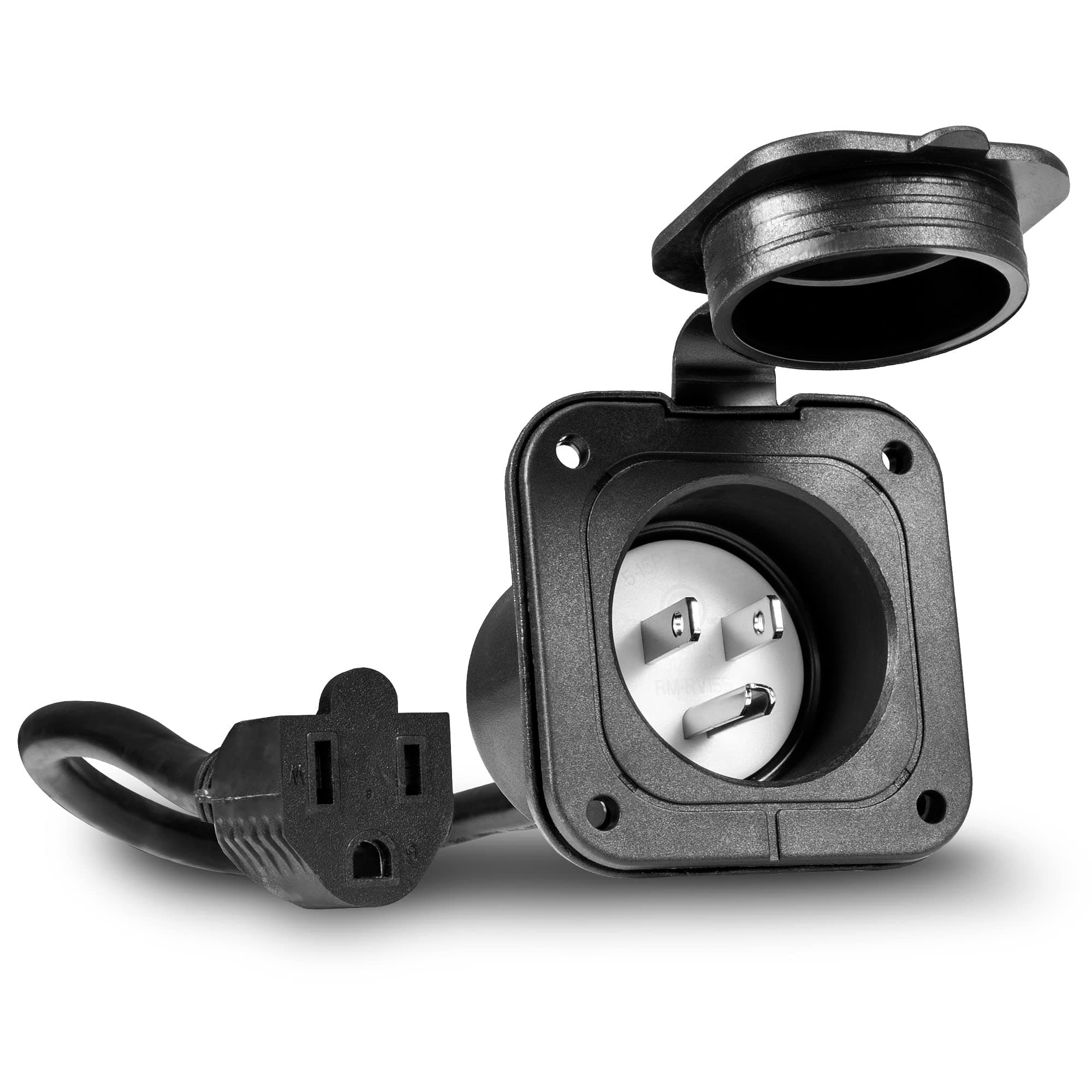 True Mods 15A AC Port Plug Flanged Inlet Socket 15 Amp Shore Power Supply Receptacle w/ 16" Outdoor Extension Cord Cable for RV Camper Boat Trailer [NEMA 5-15 125V] [Low-Profile] [Waterproof] [ETL]