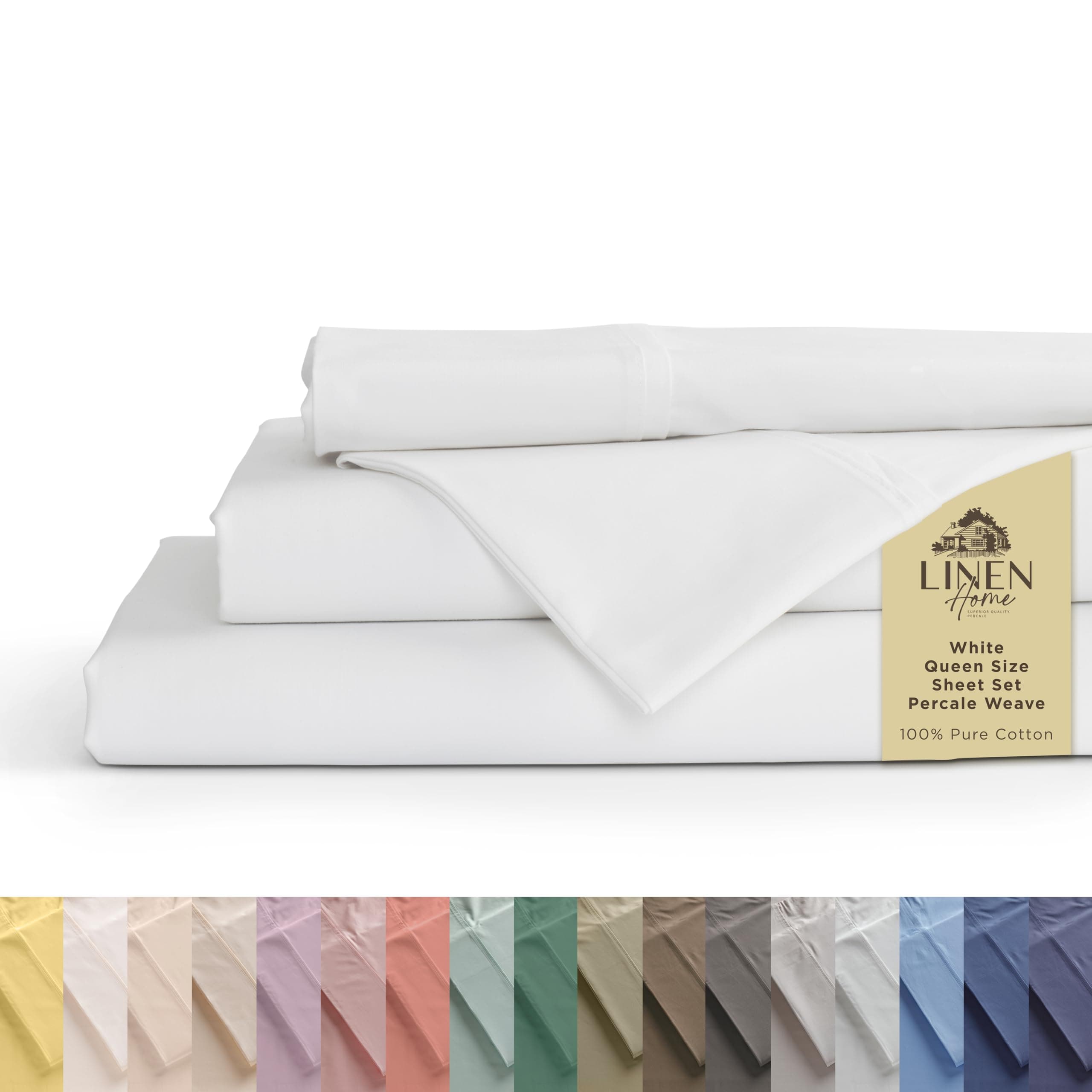 100% Cotton Percale Sheets Queen Size, White, Deep Pocket, 4 Pieces Set - 1 Flat, 1 Deep Pocket Fitted Sheet and 2 Pillowcases, Crisp Cool and Strong Bed Linen