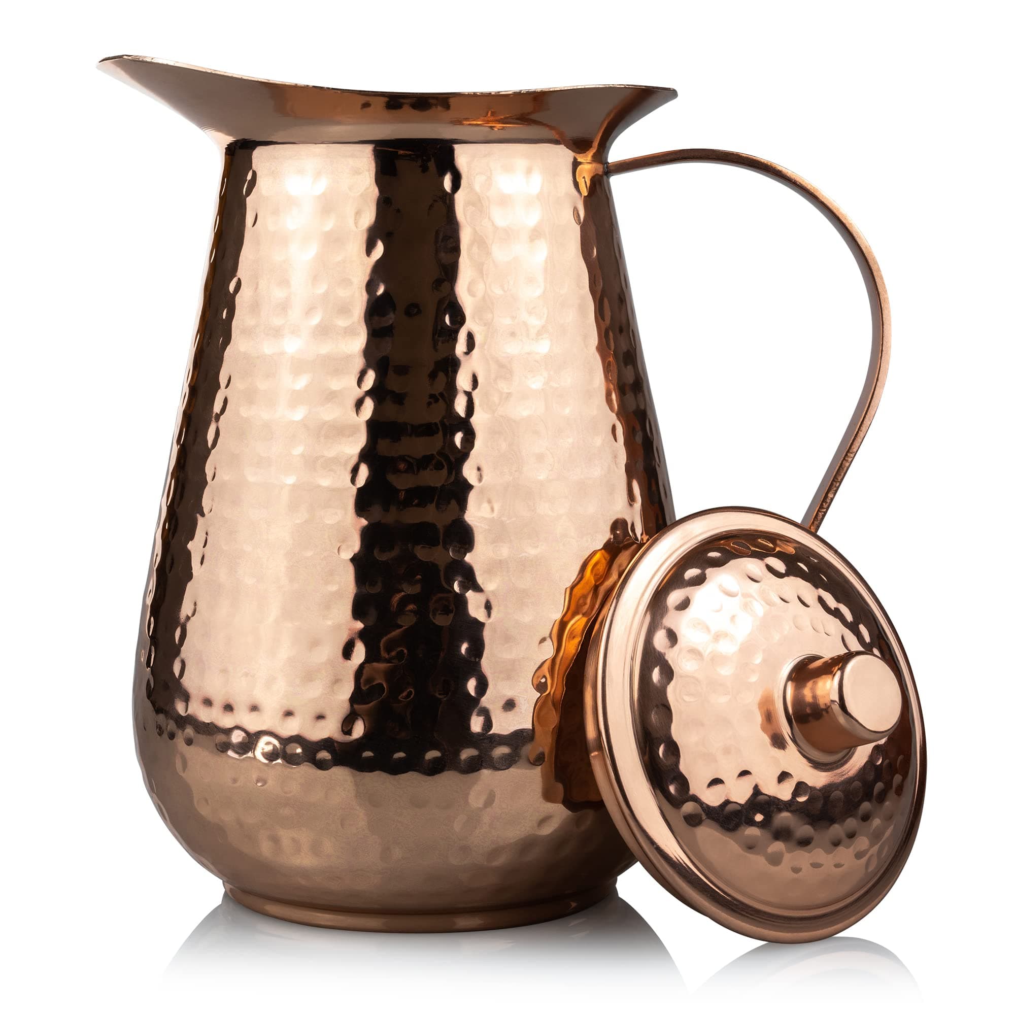 Copper Pitcher With Lid - - 68 Oz - Drink More Water, Lower Your Sugar Intake And Enjoy The Health Benefits - Pure Copper Handmade Hammered Jug, The Best Bedside Carafe - Heavy Gauge