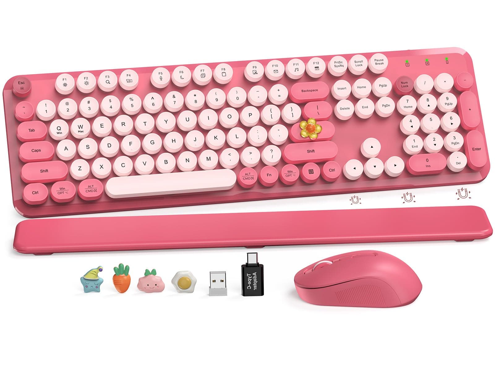 SABLUTE Wireless Keyboard And Mouse Combo-Round Keycaps,Full-Size Retro Typewriter Keyboard With Detachable Wrist Rest,Sleep Mode & Tilt Legs,2.4GHz Cordless Connection For Mac/Windows/Pc(Hot Pink)