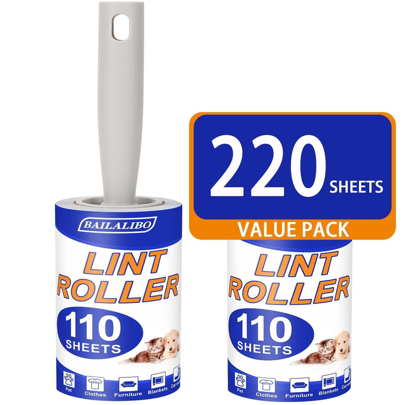 Lint Rollers for Pet Hair Extra Sticky, 220 Sheets Mega Value Set, Lint Remover for Clothes, Couch, Carpet, Dog & Cat, Furniture, Mini Travel Refills, for Daily Cleaning Tool