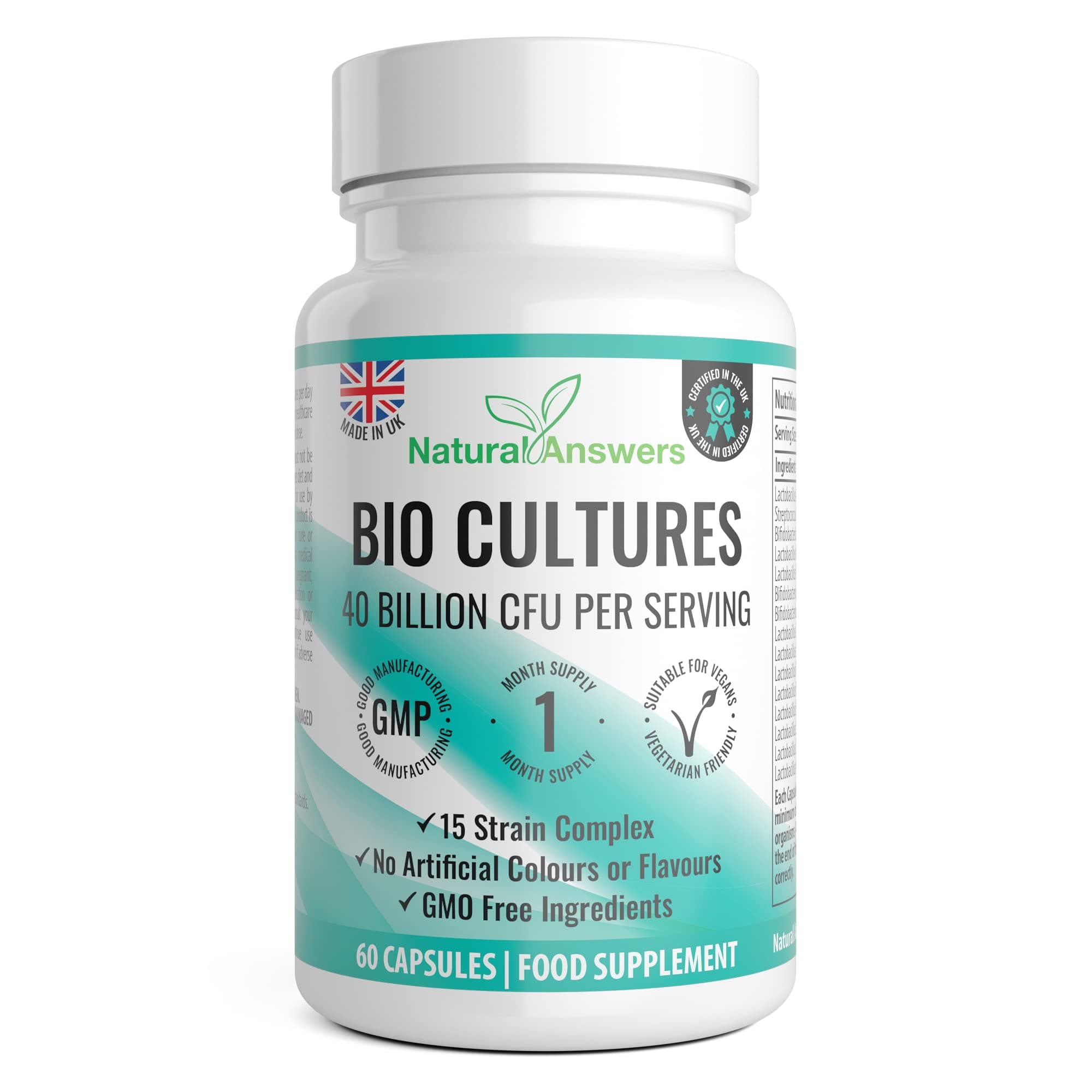 Vegan Bio Cultures Complex - 40 Billion CFU per Serving Vegan Capsules with 15 Bacteria Strains - Max Strength & Potency Capsules - Made in The UK