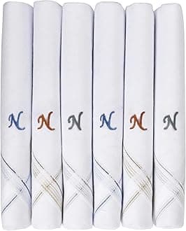 Men's Initial Monogram Embroidery 100% Pure Cotton Handkerchief White Base With Colored Border - Pack Of 6