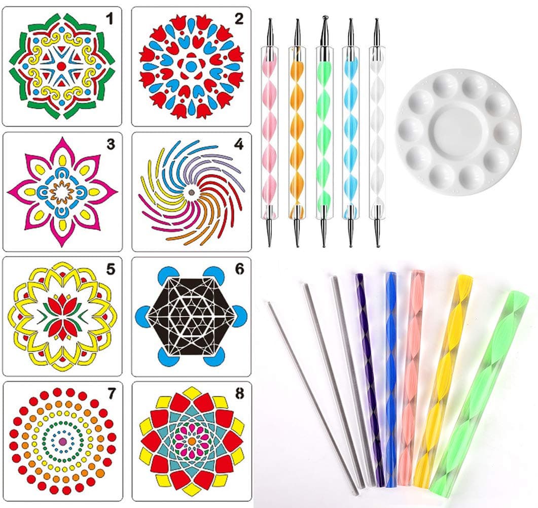 Mandala Rock Dotting Tools Art Painting Tools Set, Mandala Stencils, Paint Tray, 8 Acrylic Rods, 5 Double Sided Ball Stylus Dotting Tools for Painting Nail Drafting Notebook Scrapbook Art Craft (B)