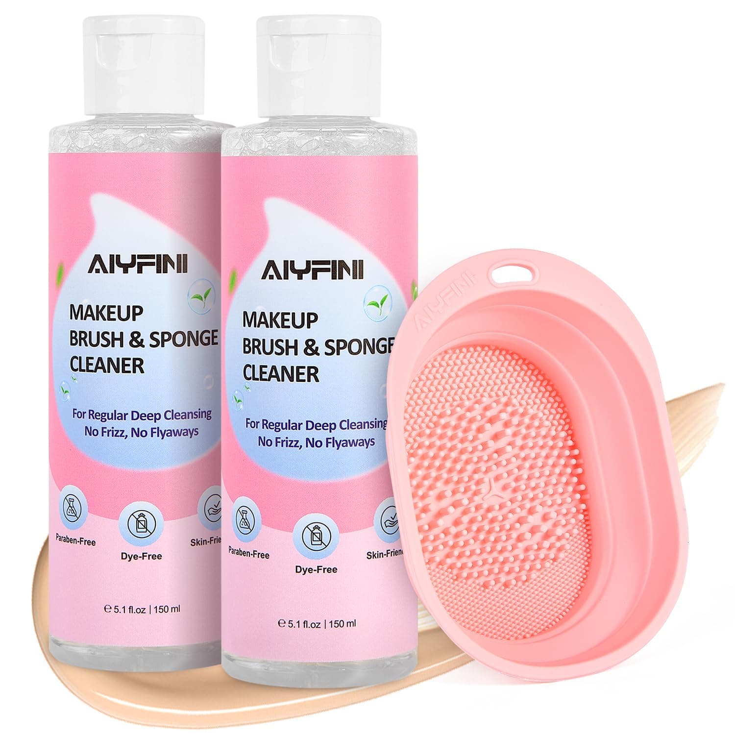 - Alyfini Makeup Brush Cleaner Solution + Scrub Basin Combo, Removes Tough Stain on Make Up Brushes Set/Sponge/Puffs, Deep Clean Inner Bristles from Waterproof Foundation/Concealer, 10.2 Fl Oz/300 ml