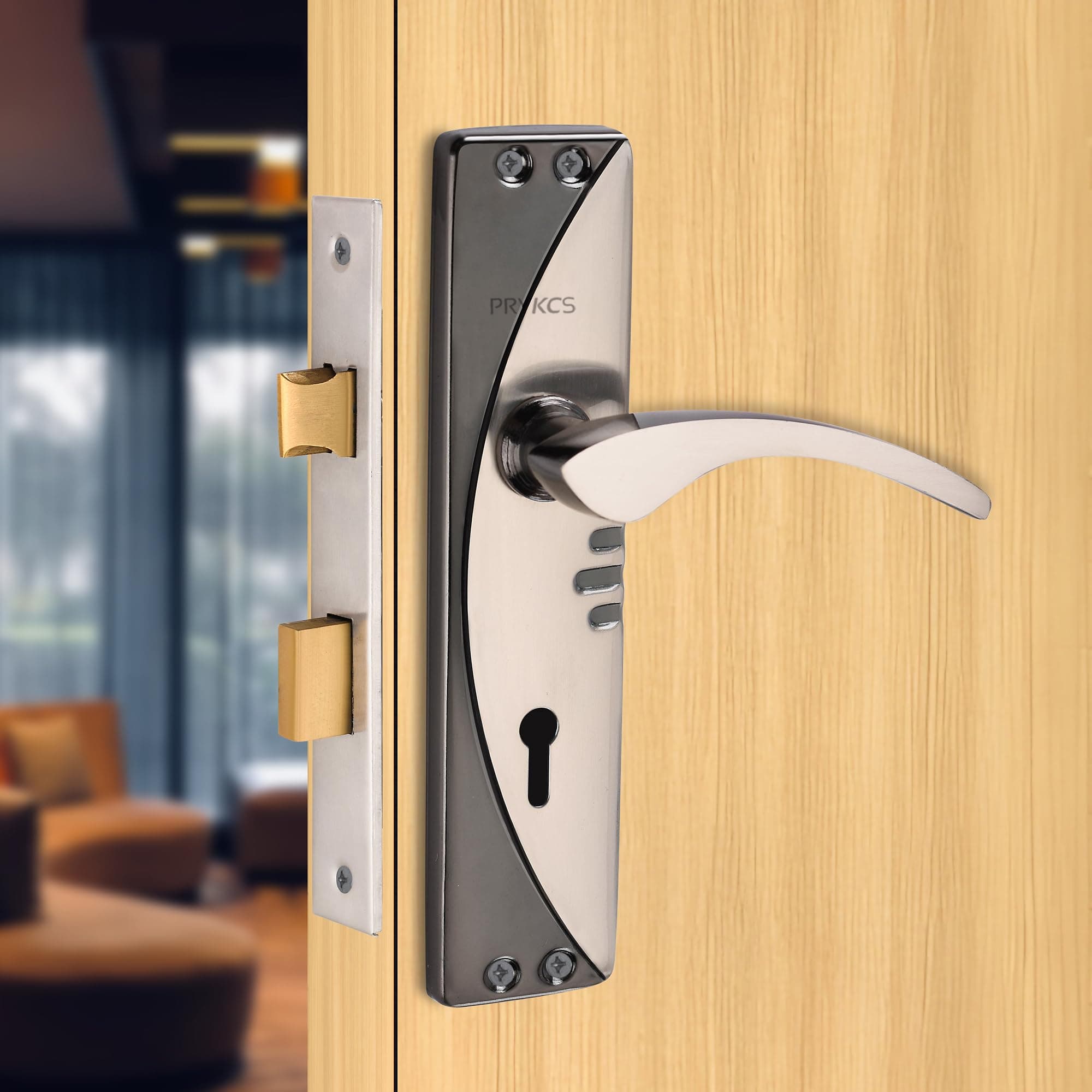 Trilo 7 Inch Black Silver Iron Mortice Handle Set with Single Turn 6 Lever Latch Lockset (2KEYS) | for Bathrooms, Bedrooms and Any Wooden Door_ Black Silver, Brass