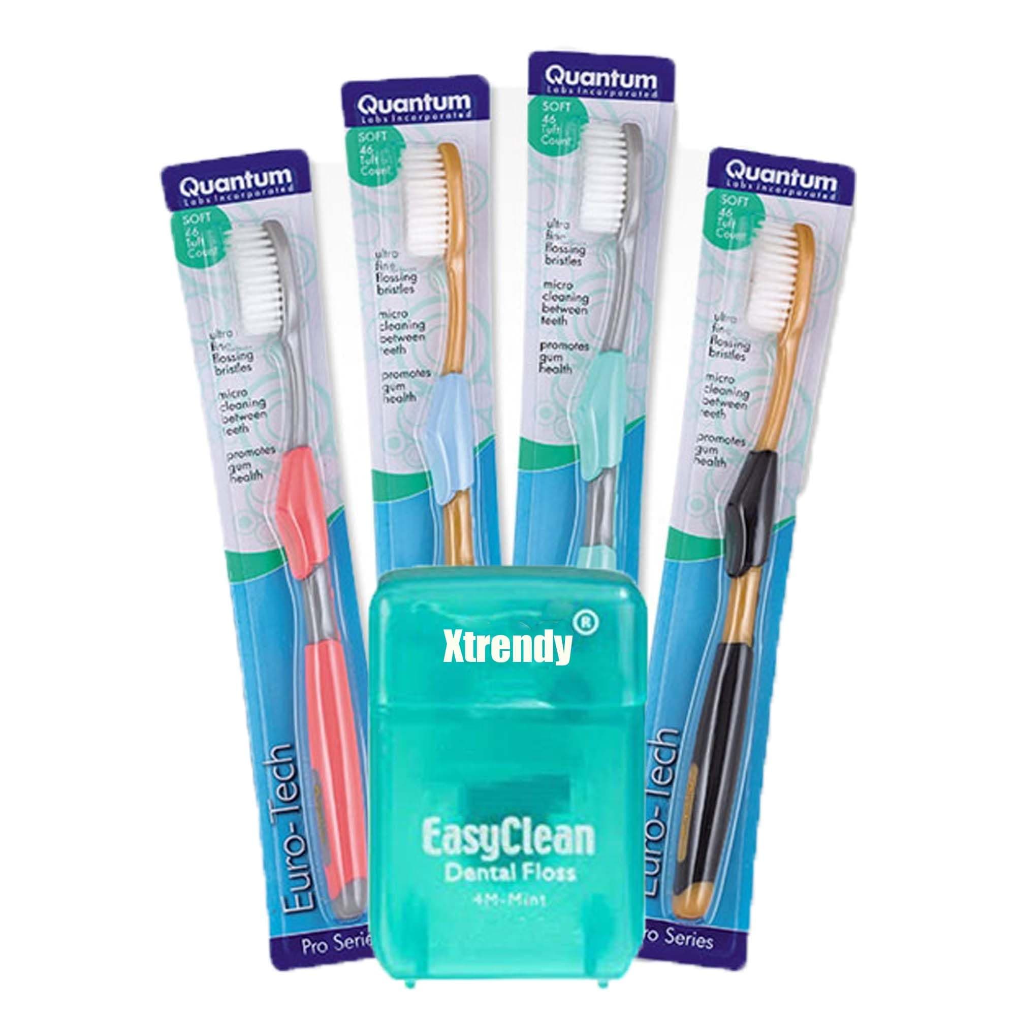 Quantum Euro-Tech Extra Soft Toothbrush, Soft Ultra Fine Feathered Bristles Toothbrush with Soft Slim Handle Grip and Thumb Rest for Adults, 4 Pack with Xtrendy Bonus Floss