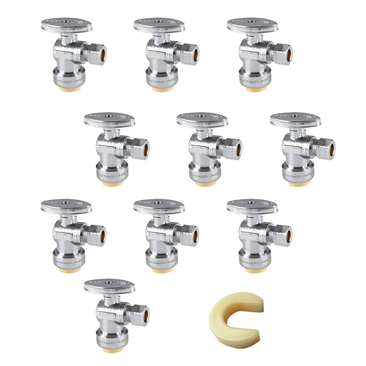 (Pack of 10) EFIELD Push Fit 1/4 Turn Angle Stop Valve Water Shut Off 1/2 Push x 3/8 Inch Compression Chrome with a Disconnect Clip,(PF-VALVE028-10PCS)