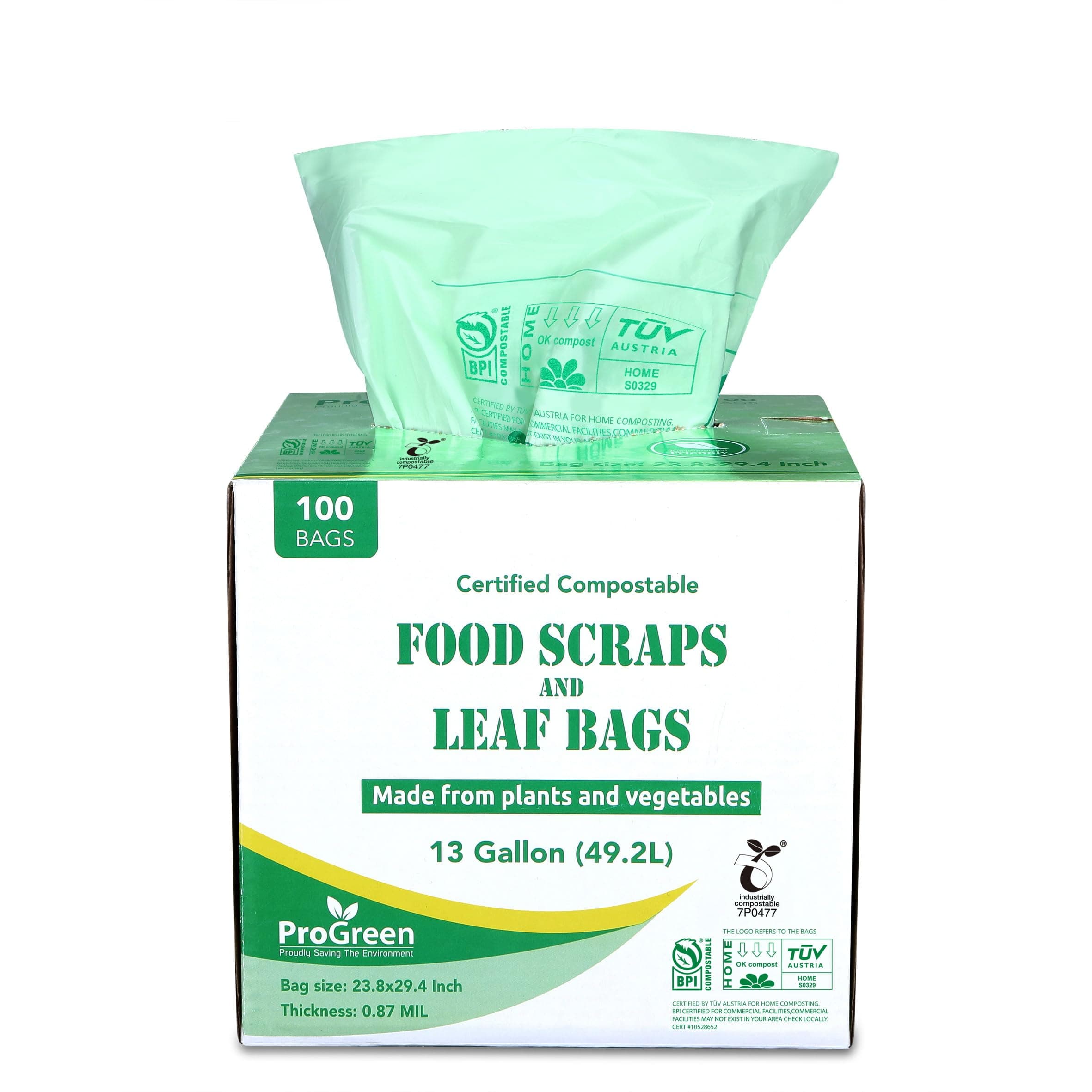 ProGreen Compostable Trash Bags, Extra Thick, Compost Kitchen Bin Bags, Food Scraps Yard Waste Bags, ASTM D6400 BPI and TÜV AUSTRIA Certified (13 Gallon, Pack of 100)