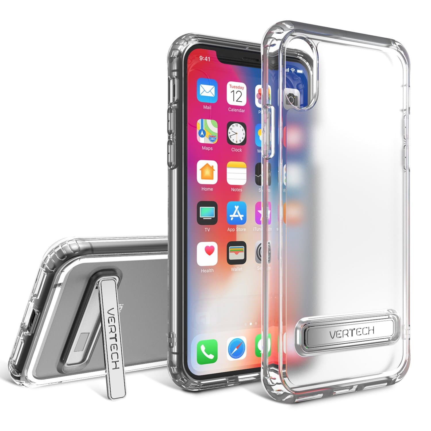 iPhone X Case Kickstand，Vertech Slim Protective Case with Magnetic Metal Kickstand + Soft Bumper Clear Hybrid Cushion Shock Absorbing Case with Scratch Resistant Matte Finish Hard Back Panel [Clear]