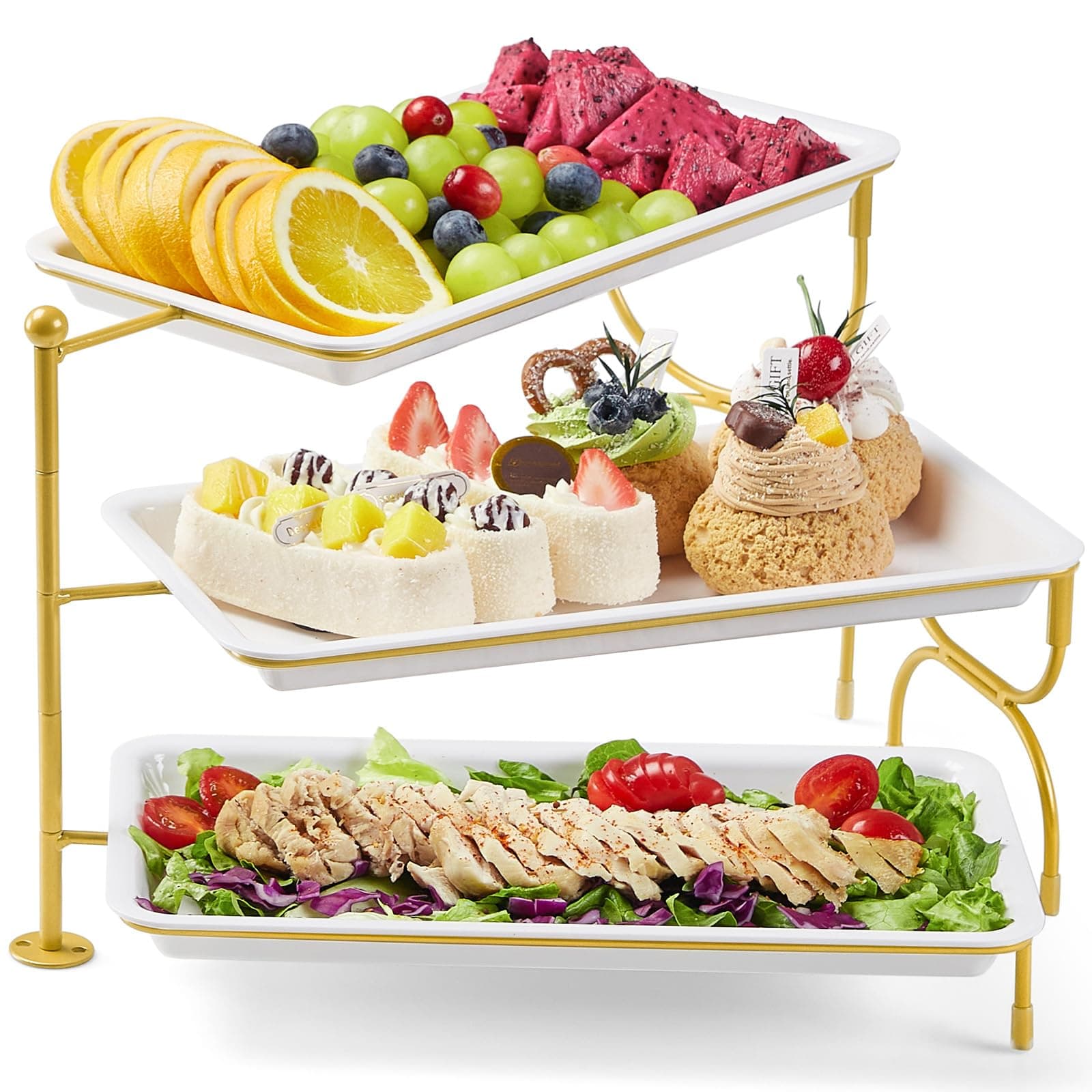 Lifewit 3 Tier Serving Tray, 12"×6.5" Plastic Server Platters, Reusable Food Trays with Metal Display Stand for Buffets, Cake, Snack, Veggie, Fruit, Cookies, Dessert, Dishes, Party Supplies, Gold