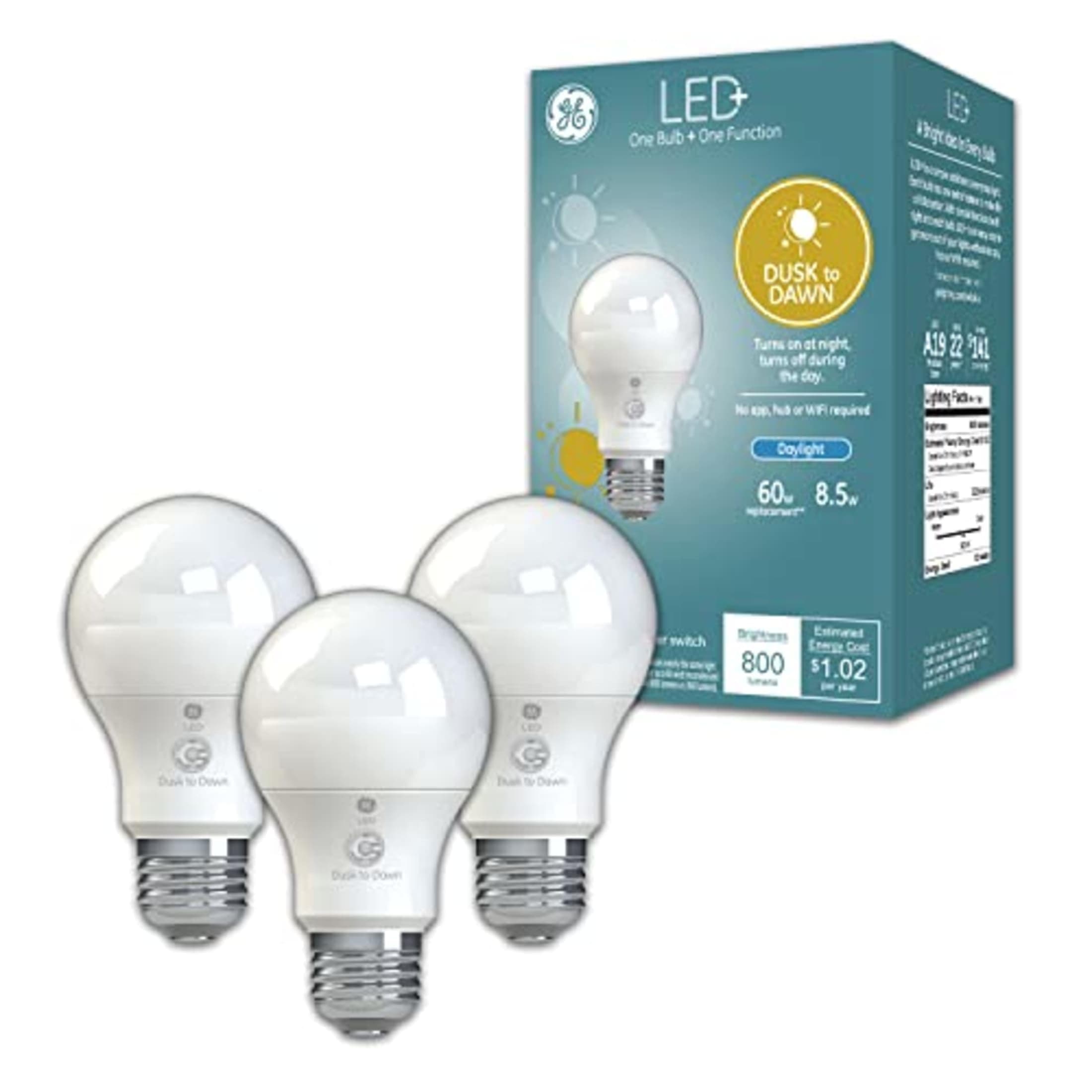 GE LED+ Dusk to Dawn A19 LED Light Bulbs, Automatic On/Off Outdoor Light, Daylight, 8.5W (3 Pack)