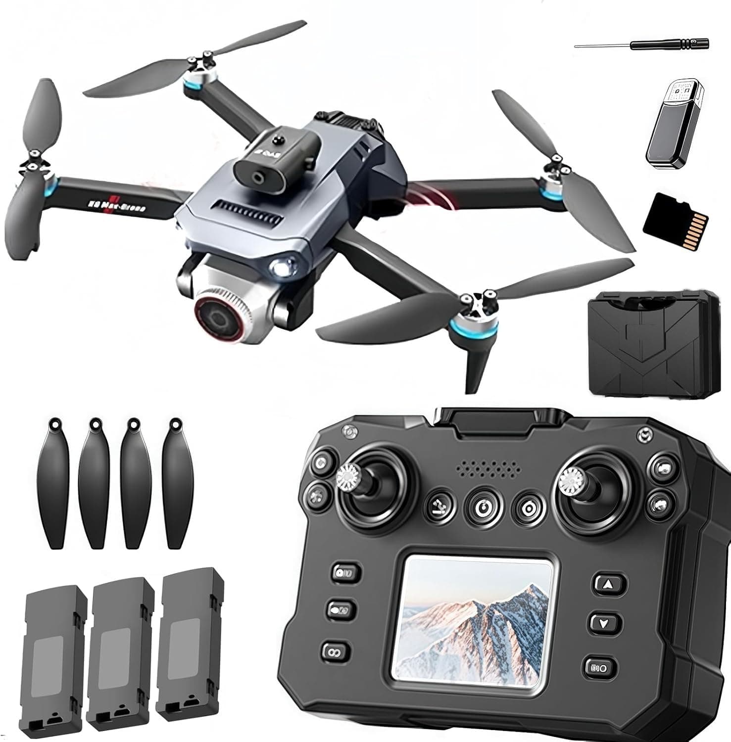 K6 Max Drone with Screen Controller with SD card, Brushless Motor, 3 batteries, Waypoint Fly, Optical Flow Localization, Active Obstacle Avoidance, One Key Take Off/Landing.