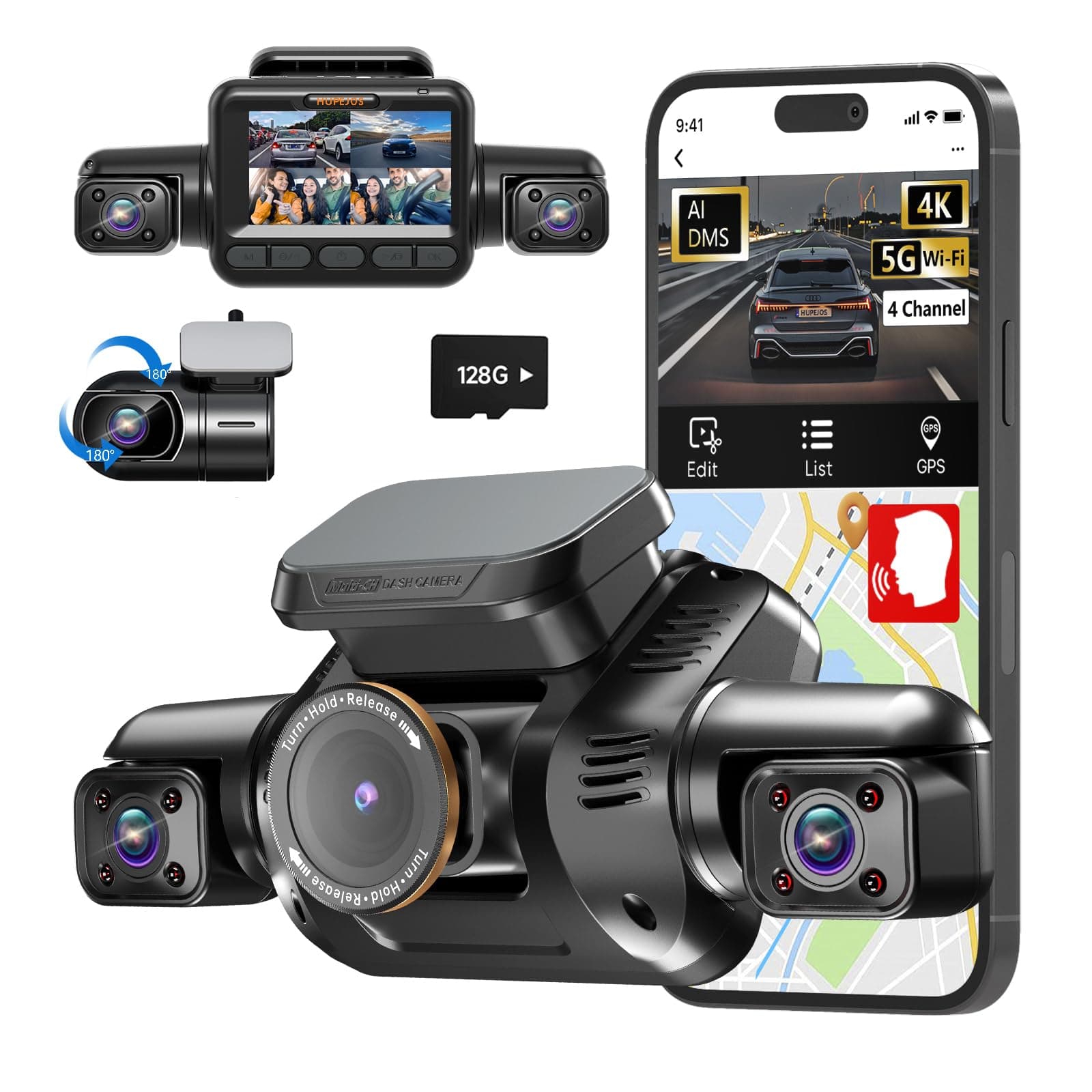 AI Dash Cam with DMS 360° 4 Channel Car Camera Front and Rear Inside with 128GB SD Card, 24/7 Parking Mode, V8Pro-4CH