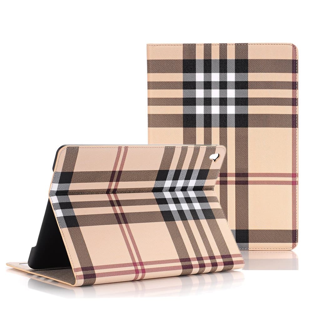 Case for iPad Pro 9.7 inch Luxury Decent Check Grid Plaid Leather Folio Flip Stand Auto Sleep/Wake Hard Case for iPad Pro 9.7" 2016 Released (Pro Khaki)
