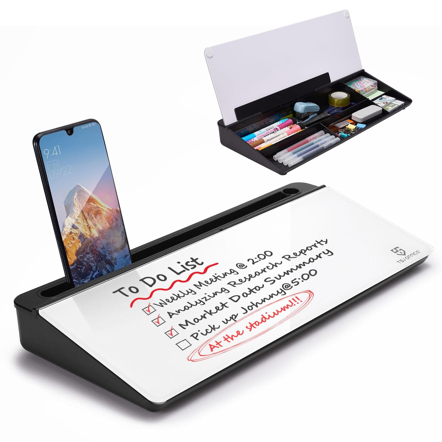 TSJ OFFICE Desktop Whiteboard Dry-Erase-Board - Computer Keyboard Stand White Board Surface Pad with Drawer, Desk Organizers with Accessories for Office, Home, School Supplies - Black