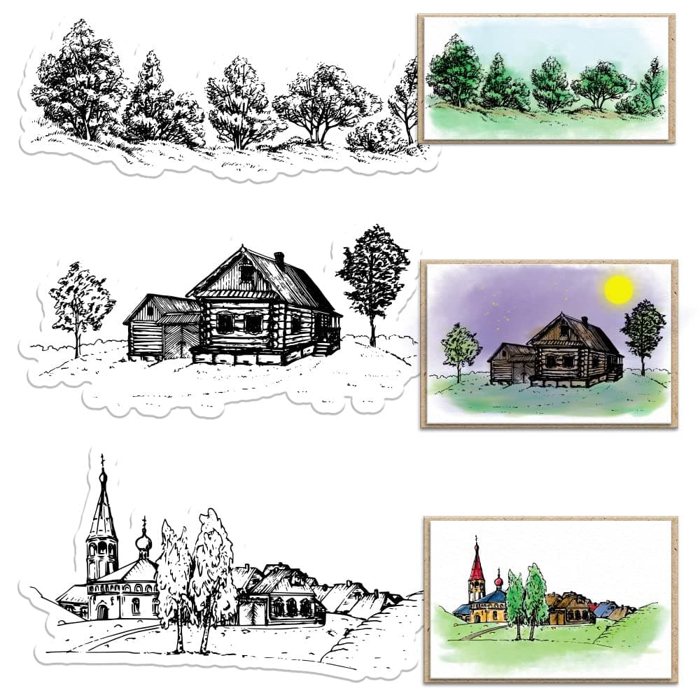 3 PCS Trees Background Clear Stamps for Card Making and Journaling, Forest House Silicone Stamps Village Trees Rubber Stamps for Scrapbooking DIY Cards Album Crafts Supplies